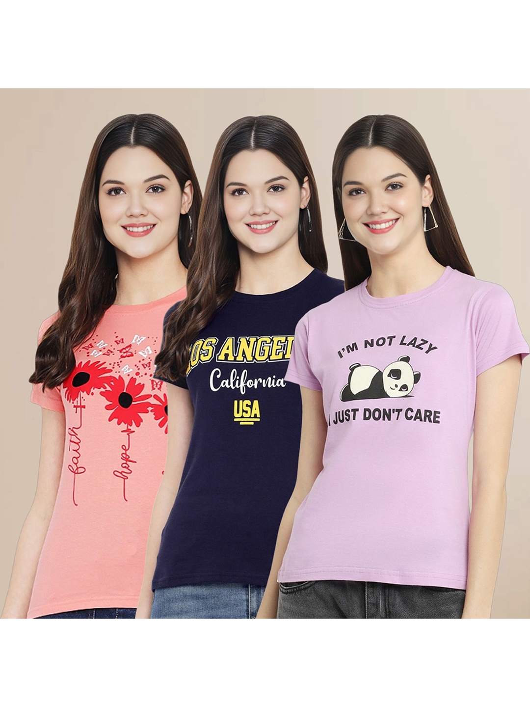 

Metronaut Women Pack Of 3 Typography Printed Round Neck Cotton T-shirts, Navy blue