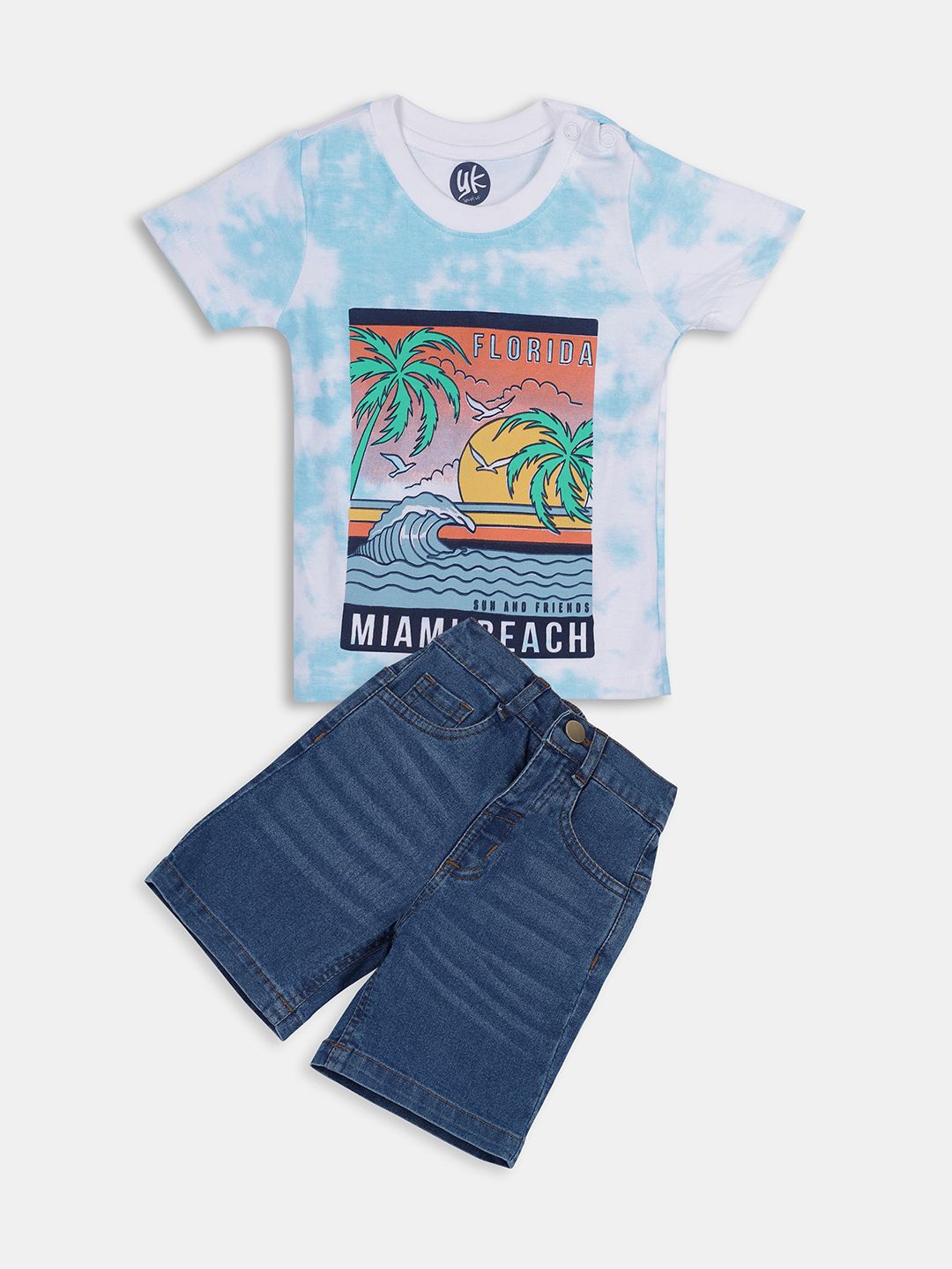 

YK Boys Printed Round Neck Short Sleeves Pure Cotton T-shirt With Shorts, Blue