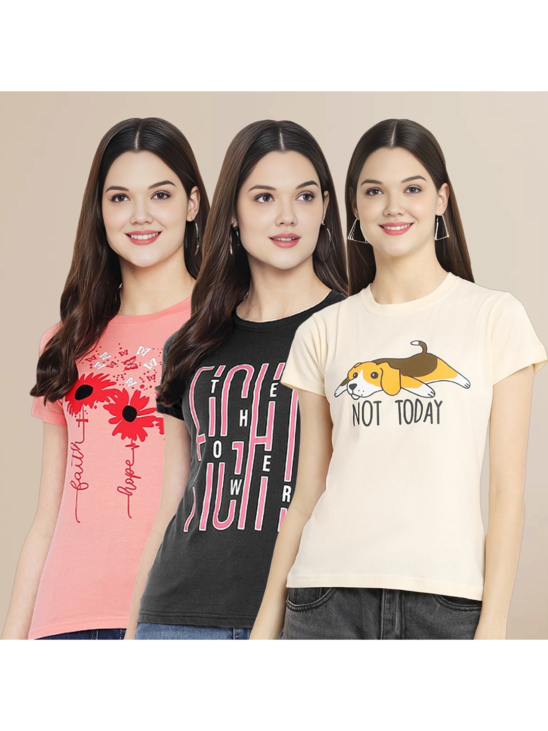 

Metronaut Women Pack Of 3 Typography Printed Round Neck Cotton T-shirts, Peach