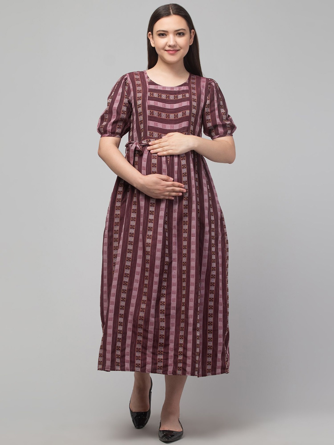 

Zuvino Cotton Puff Sleeve Maternity Fit & Flare Midi Dress, Burgundy