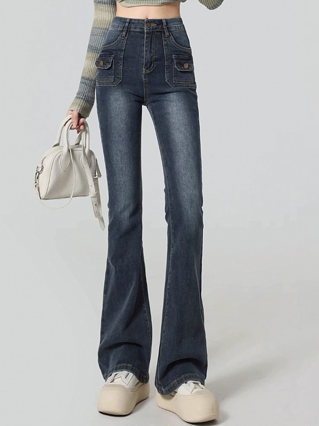 

LULU & SKY Women Jean Flared High-Rise Low Distress Heavy Fade Jeans, Blue