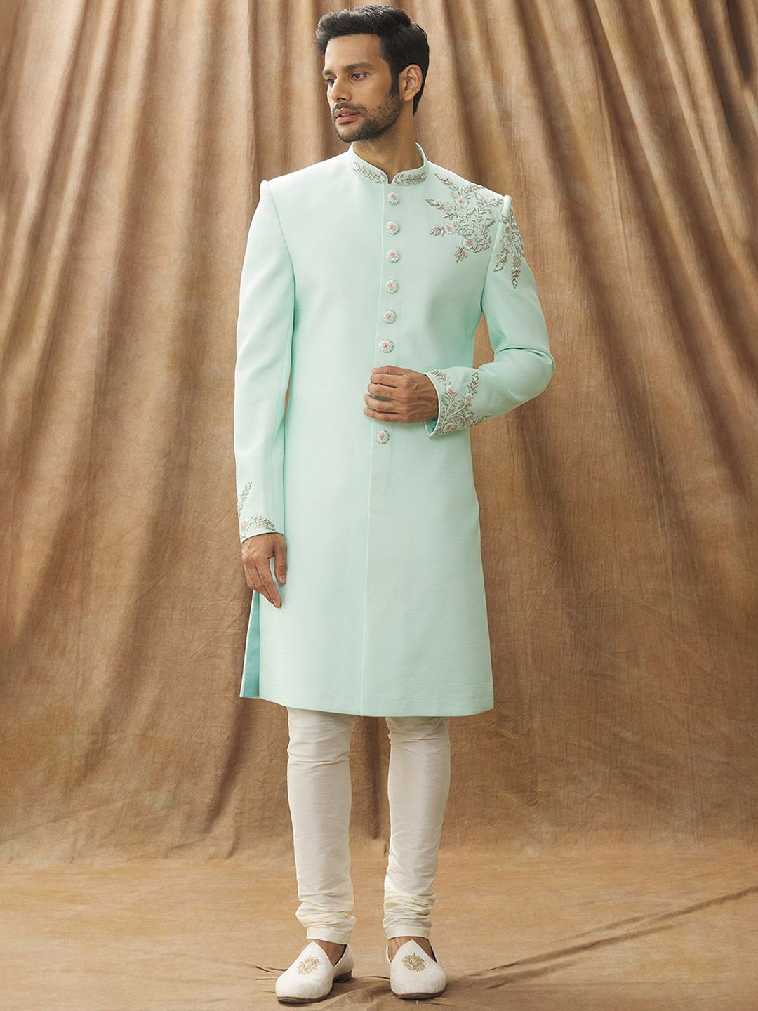 

Arihant Rai Sinha Men Embroidered Sherwani With Churidar, Green