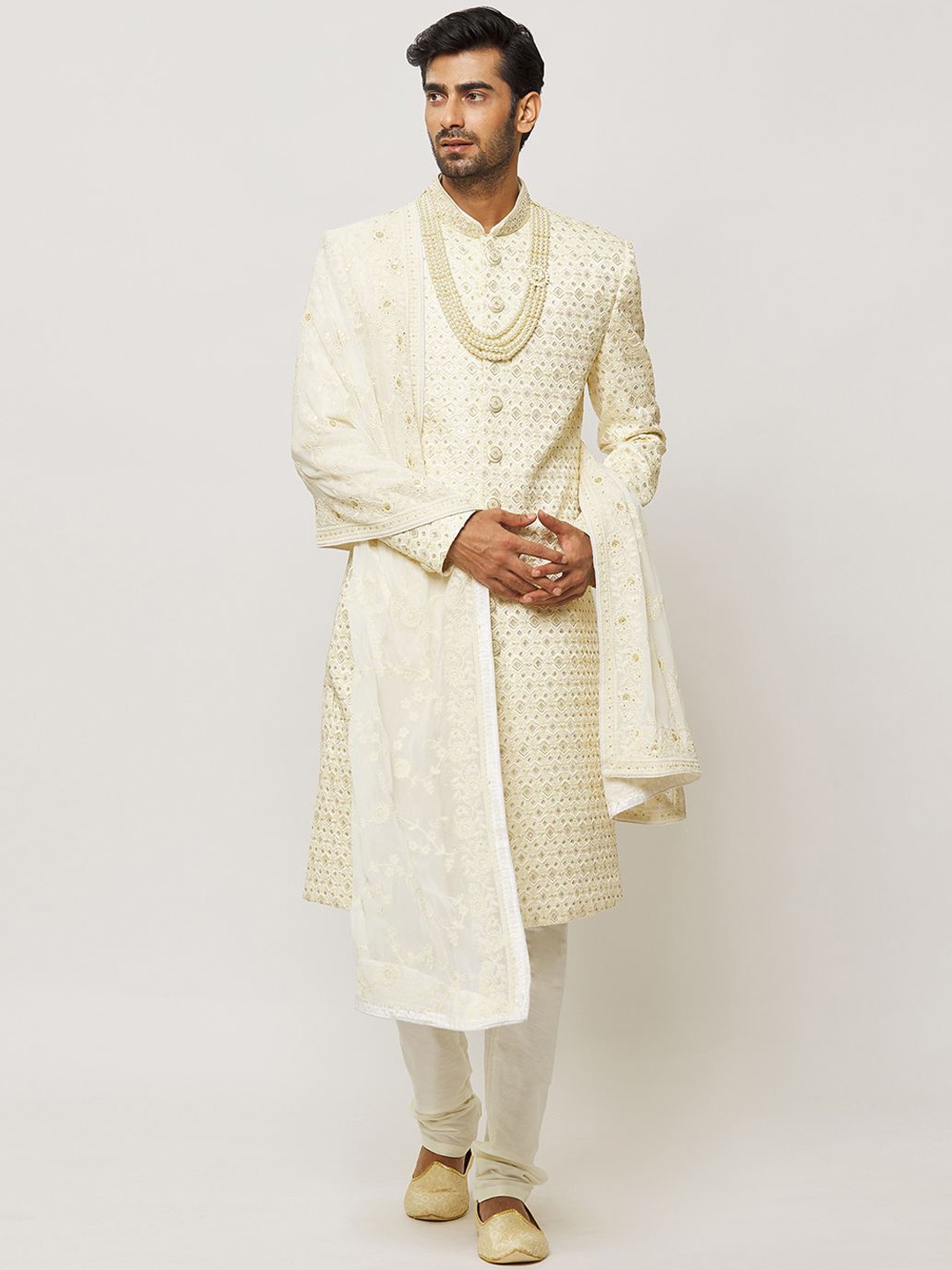 

Aryavir Malhotra Geometric Embroidered Sherwani Set, Cream