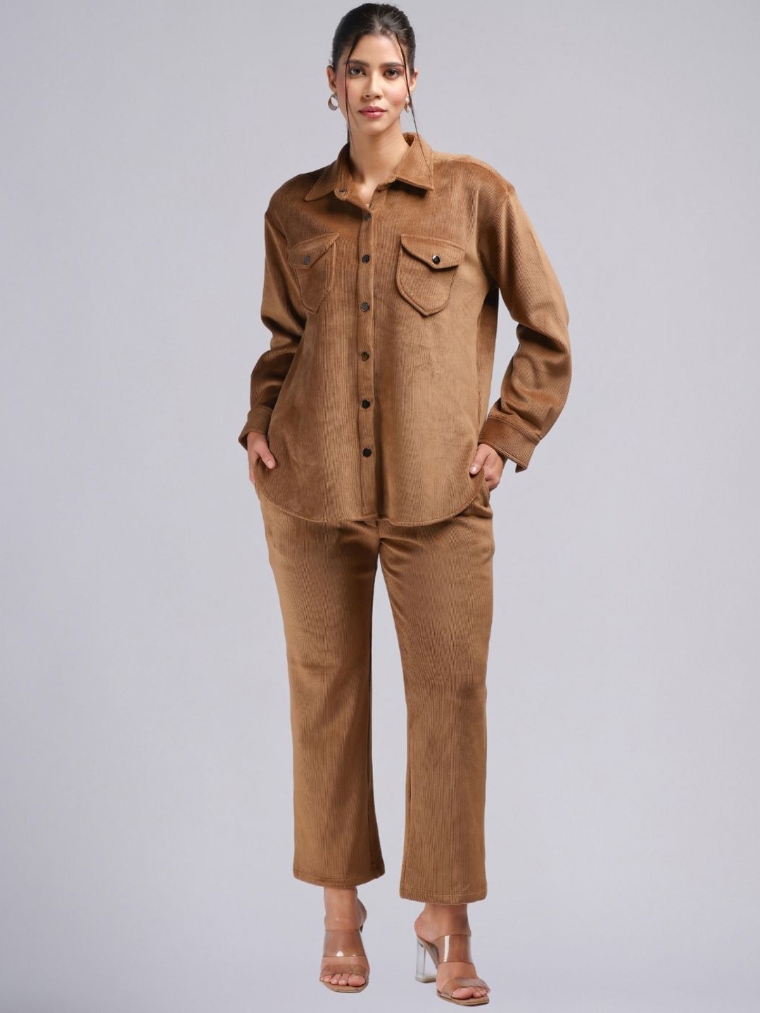 

PUREMIST Self Design Shirt With Trouser Co-Ords, Brown
