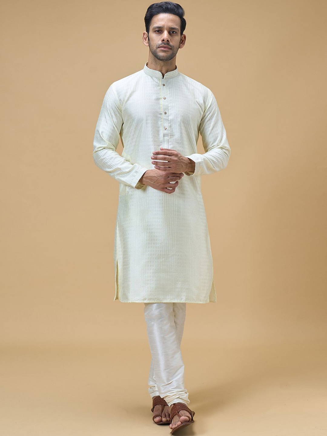 

Arihant Rai Sinha Woven Design Straight Sequinned Kurta with Churidar, Yellow