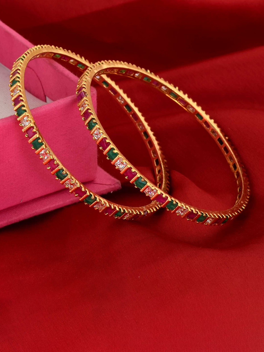 

MEMOIR Set Of 2 Gold- Plated AD Emerald Ruby Imitation Stone Studded Bangles