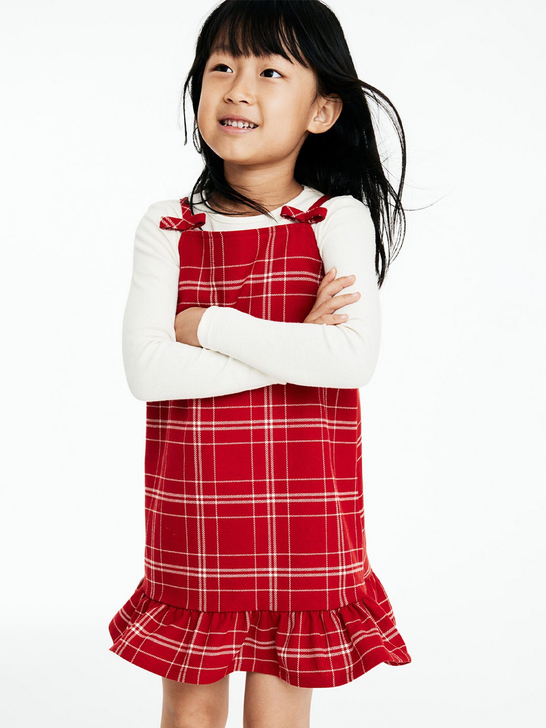 

H&M Girls Checked Dungarees With T-Shirt, Red