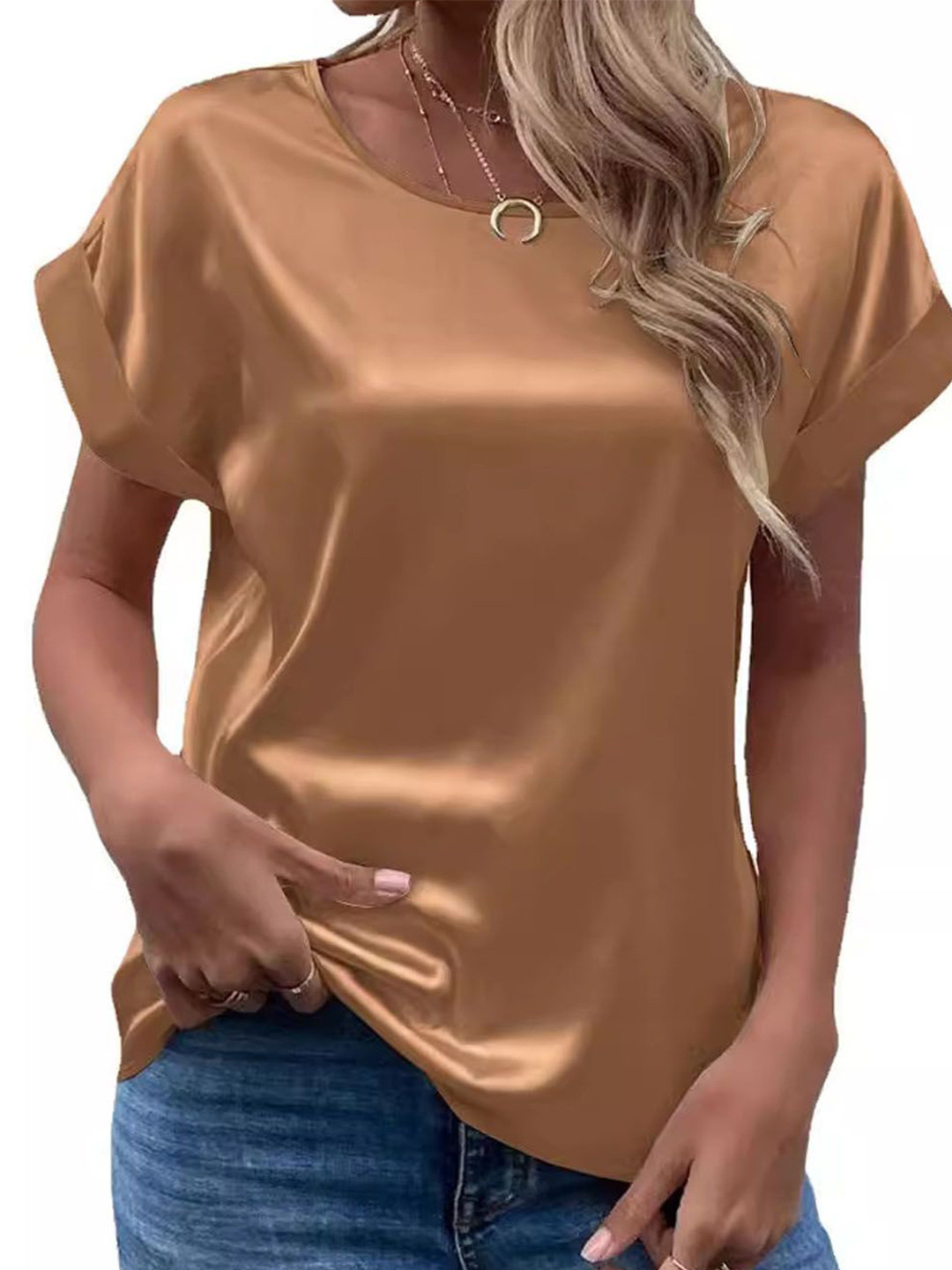 

StyleCast Women Round Neck Roll-Up Sleeves Top, Brown