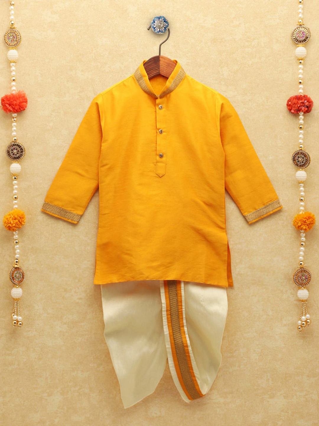 

Jeetethnics Boys Mandarin Collar Cotton Silk Straight Kurta With Dhoti Pant, Yellow