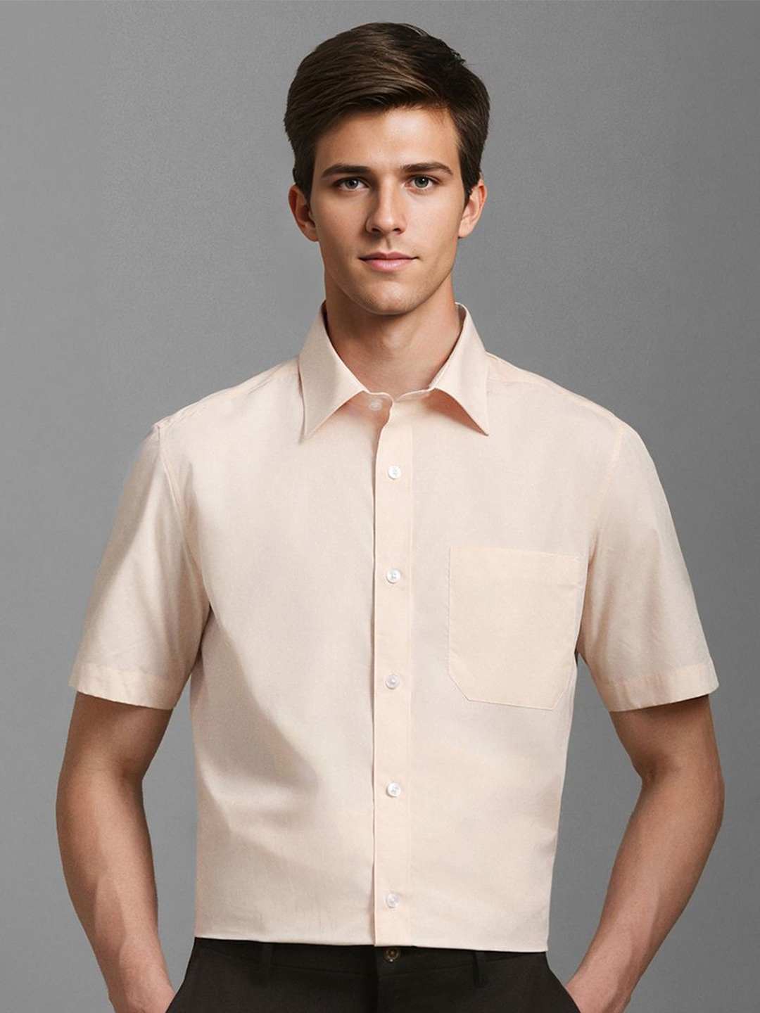 

Louis Philippe Men Classic Spread Collar Solid Cotton Formal Shirt, Peach