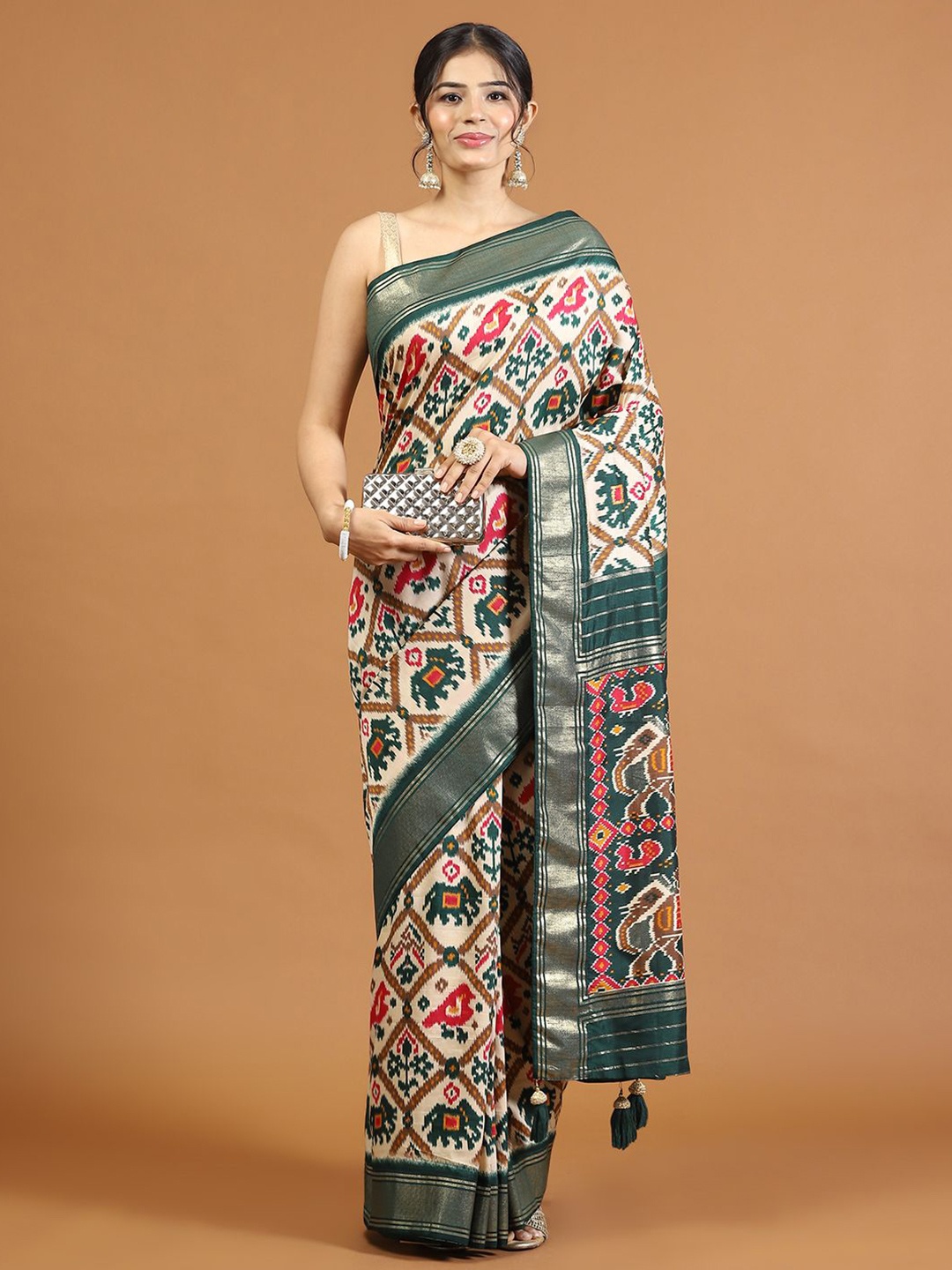 

Meena Bazaar Women Printed Zari Saree with Blouse Piece, Beige