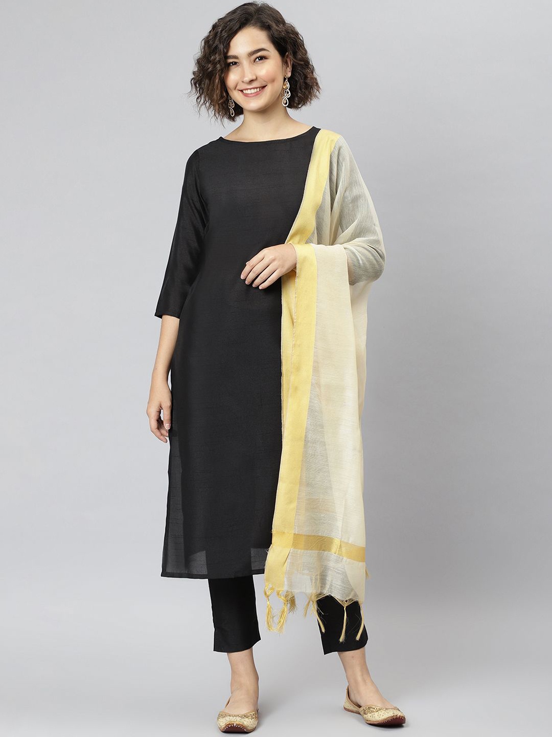 

KALINI Round Neck Straight Kurta with Trousers & Dupatta, Black