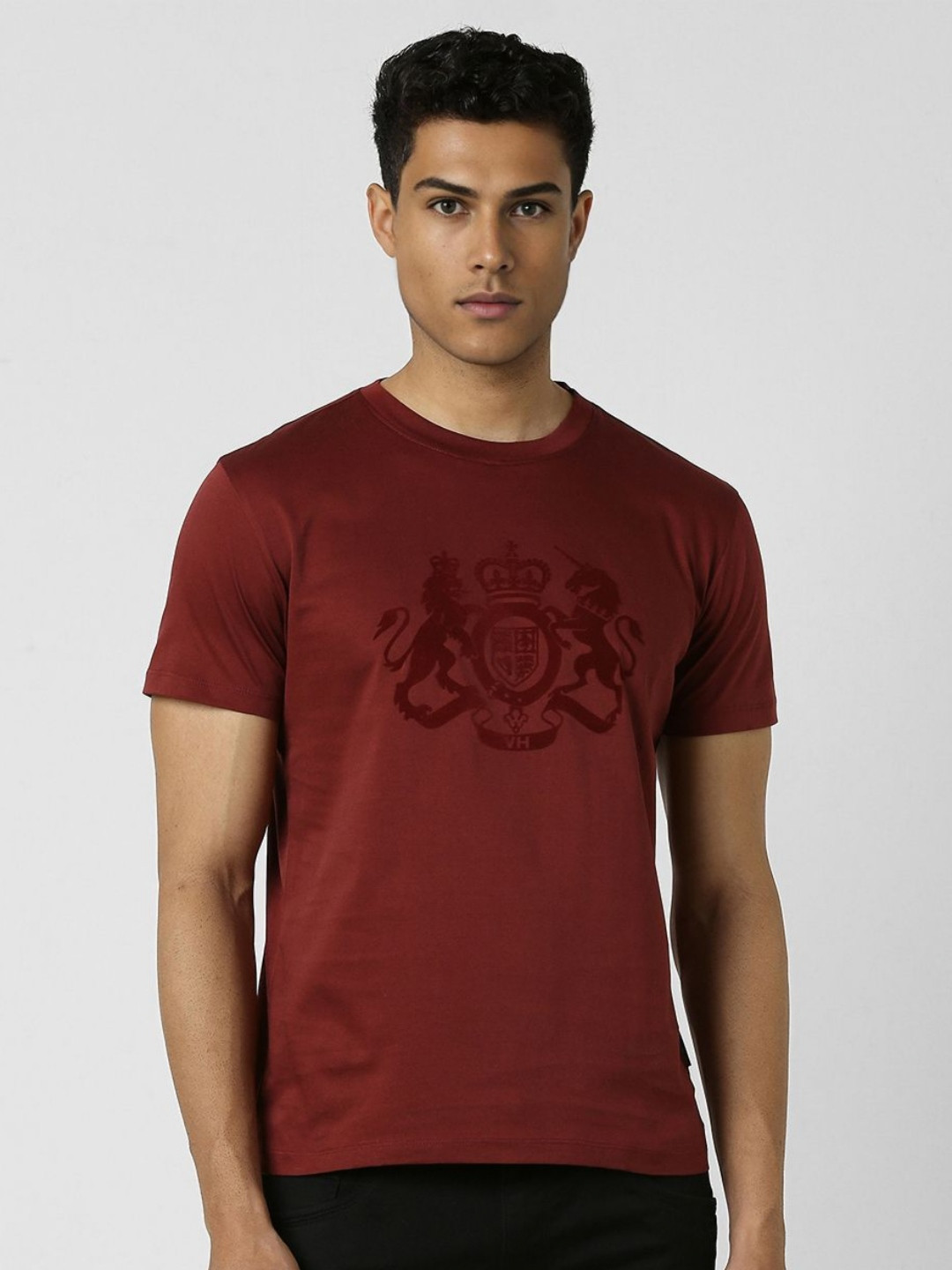 

V Dot Men Graphic Printed Round Neck Pure Cotton T-shirt, Maroon
