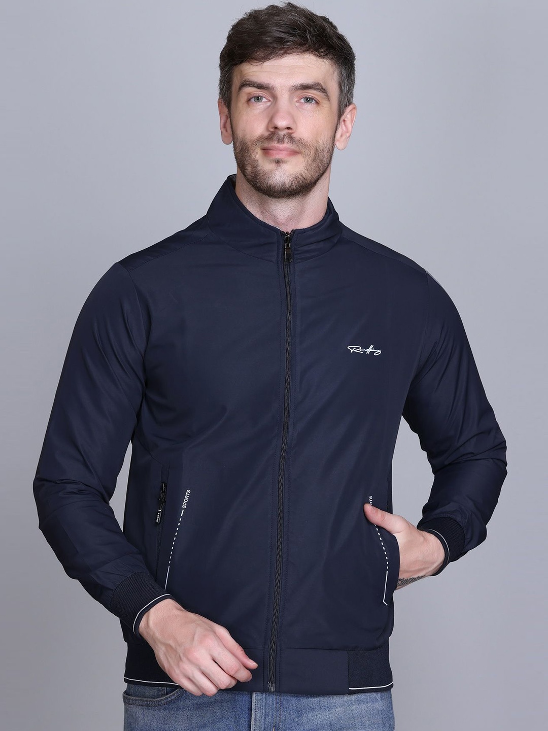 

Roadking Men Mock Collar Solid Casual Bomber Jacket, Navy blue