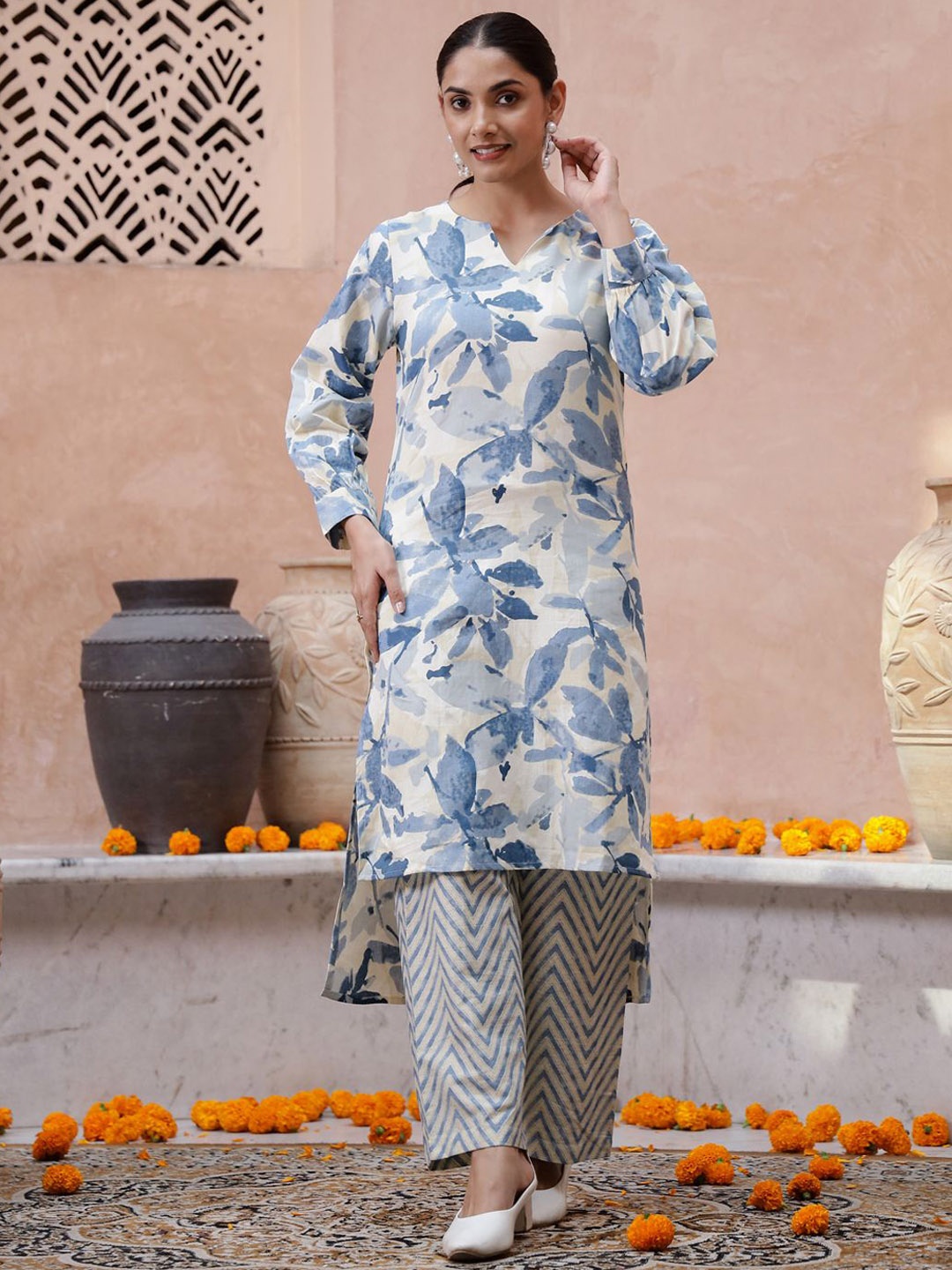 

RangDeep Floral Printed Pure Cotton Straight Kurta with Trousers, Beige