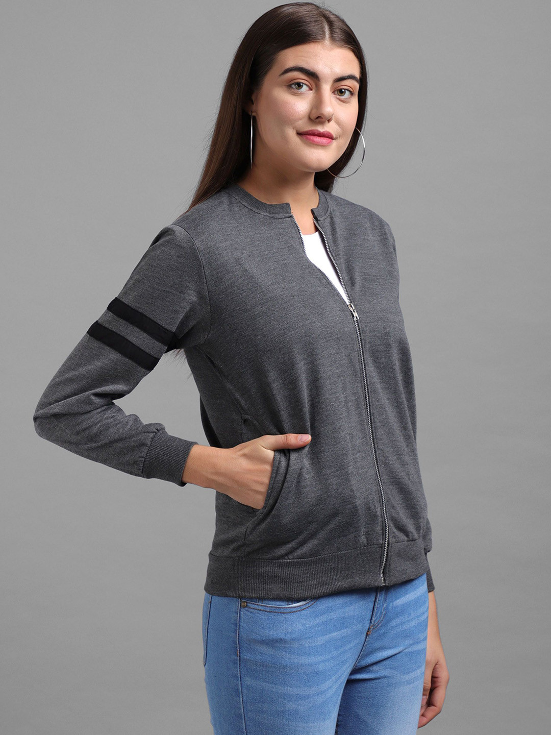 

VIVIENT Women Mandarin Collar Solid Fleece Casual Bomber Jacket, Grey