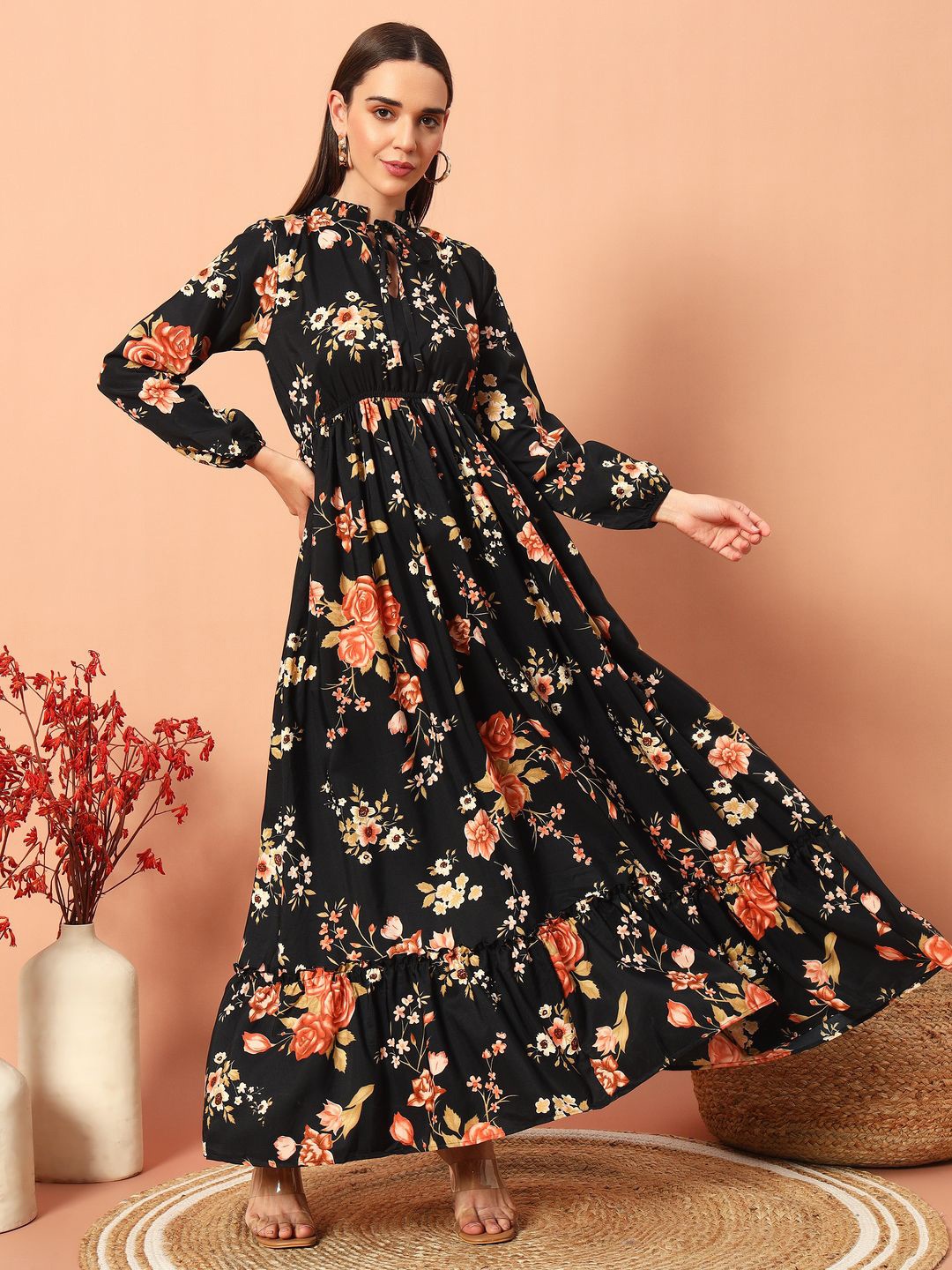 

ZWERLON Women Floral Printed Tie-Up Neck Maxi Dress, Black