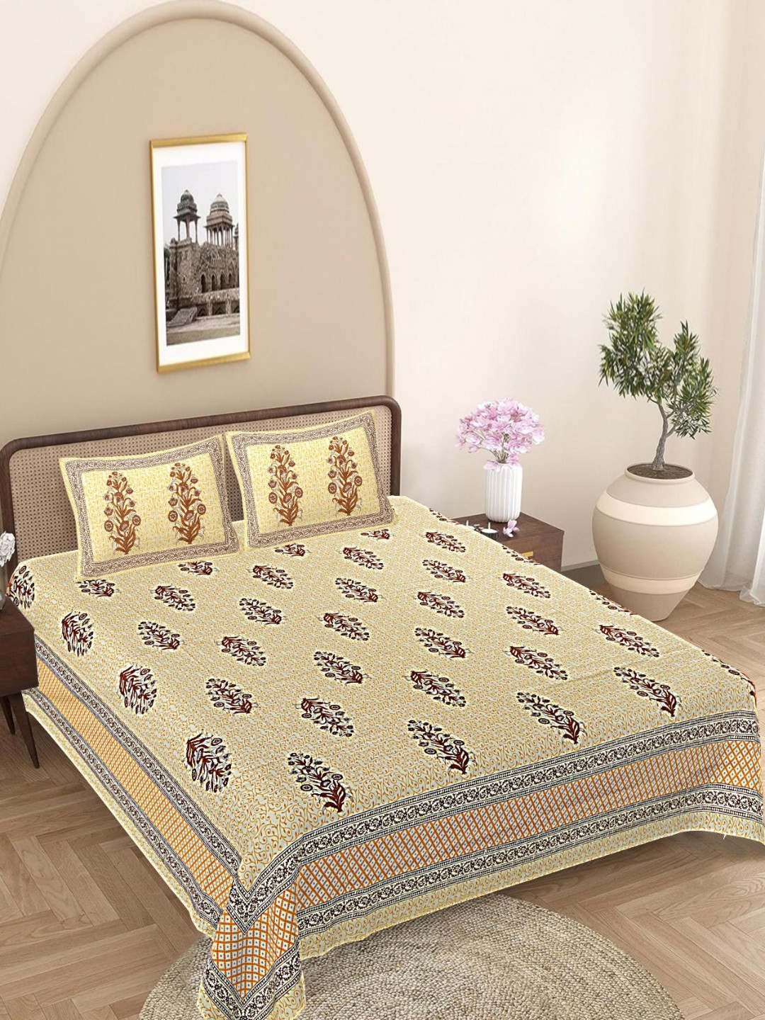 

FrionKandy Living Yellow Floral Printed Cotton 180 TC King Bedsheet Set 2.74 x 2.69 m