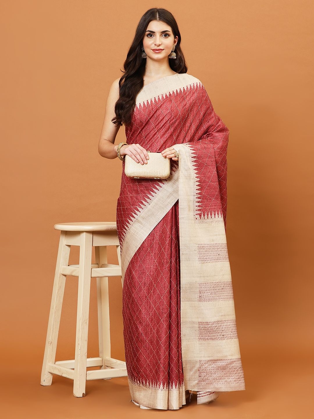 

Meena Bazaar Ethnic Motifs Tussar Saree, Maroon