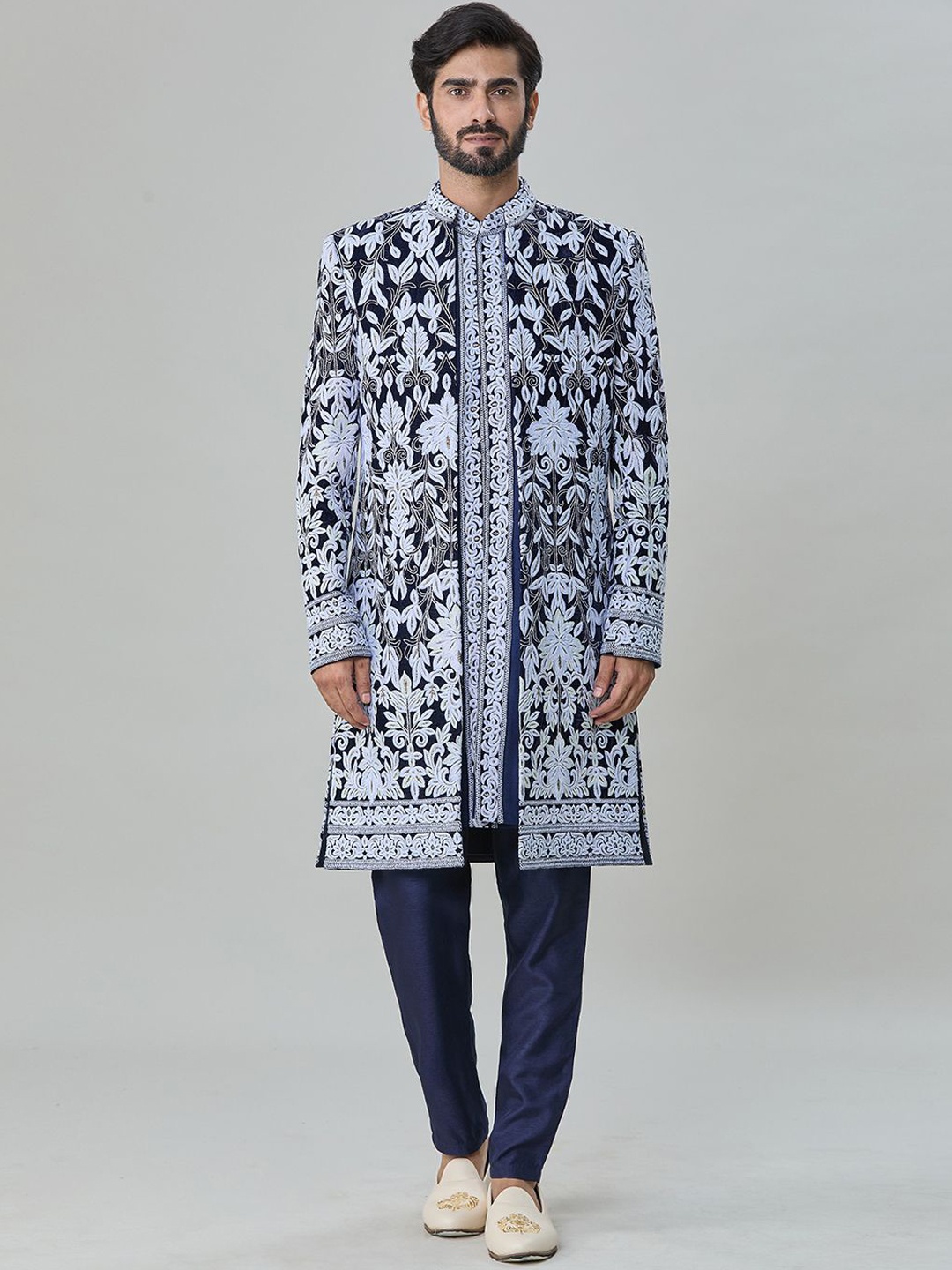 

Arihant Rai Sinha Embroidered Mandarin Collar Sherwani Set, Blue