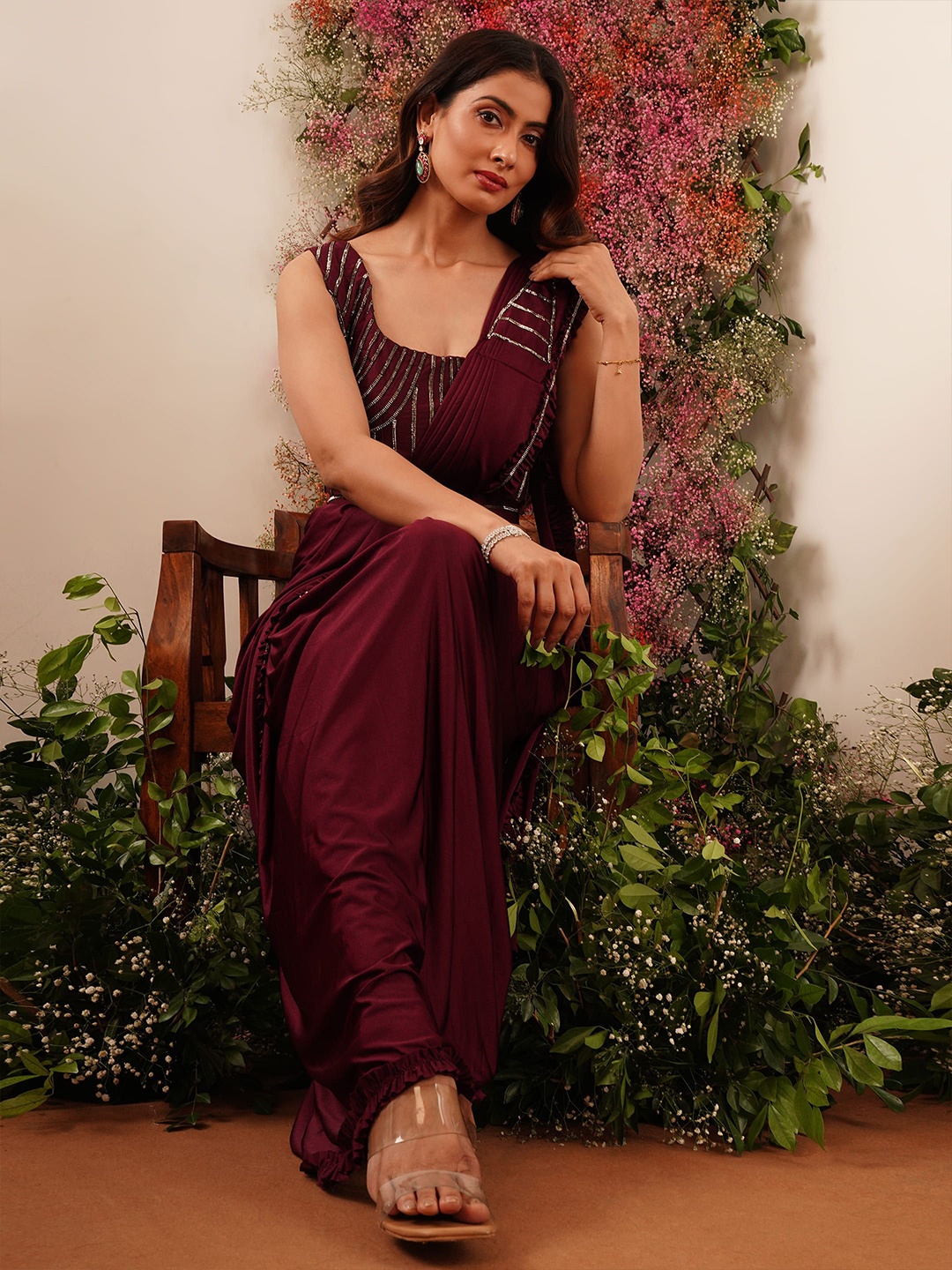 

AMOHA TRENDZ Embellished Beads and Stones Ready to Wear Saree, Maroon