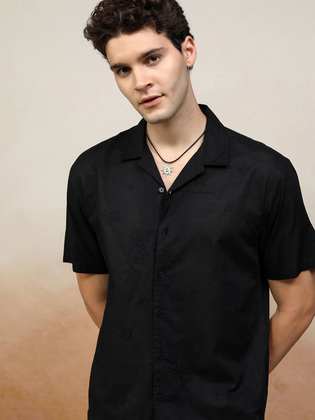 

Highlander Men Floral Embroidered Cotton Relaxed Fit Shirt, Black