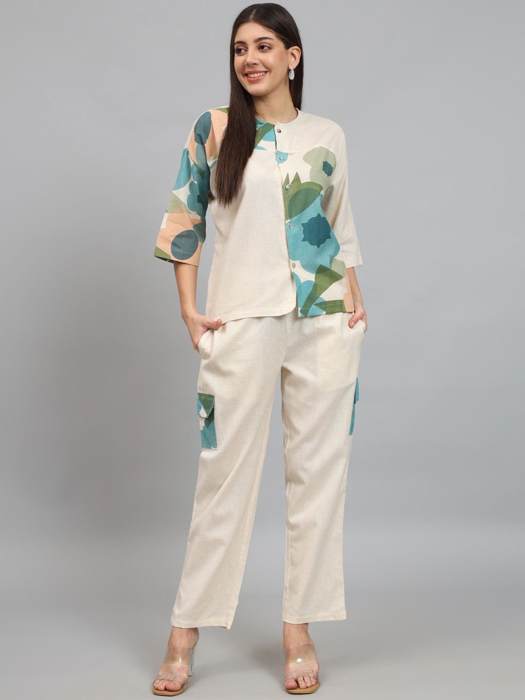 

LADY SHOPI Printed Round Neck Three Quarter Sleeves Shirt With Trouser, Off white