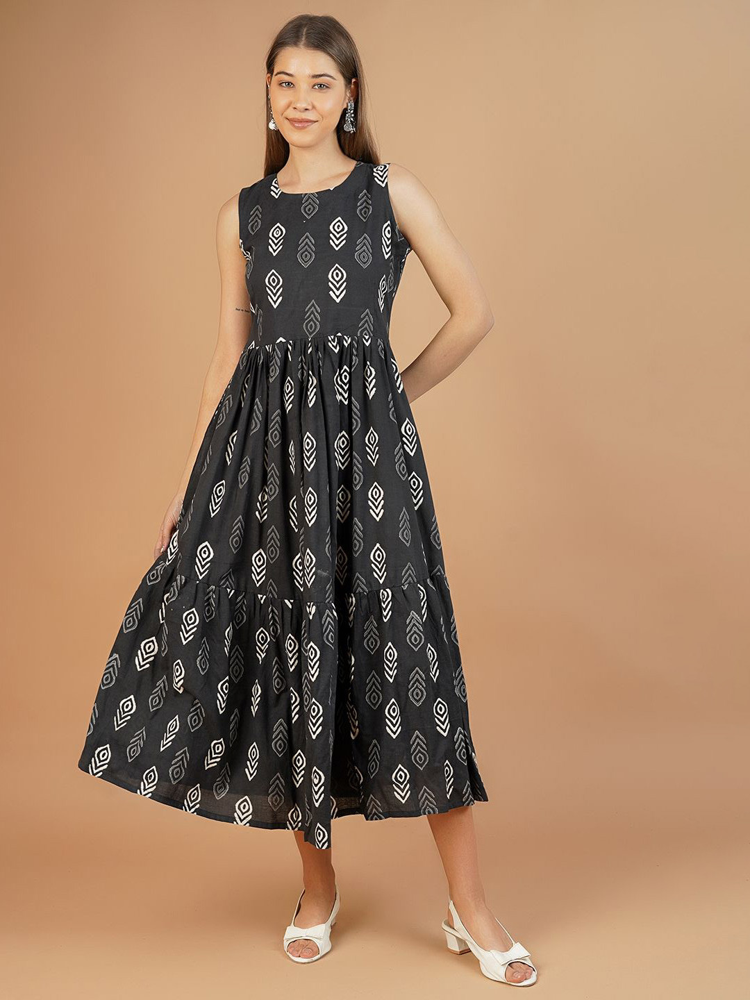 

INDOPHILIA Women Cotton Dyed Midi Dress, Black