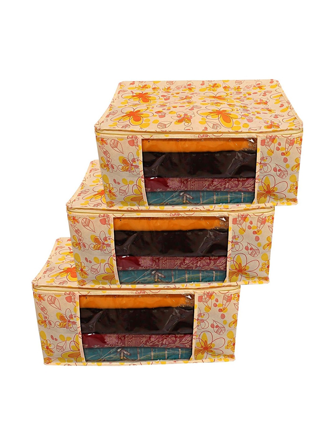 

Kuber Industries Cream-Coloured 3 Pieces Floral Printed Multi-Utility Organisers