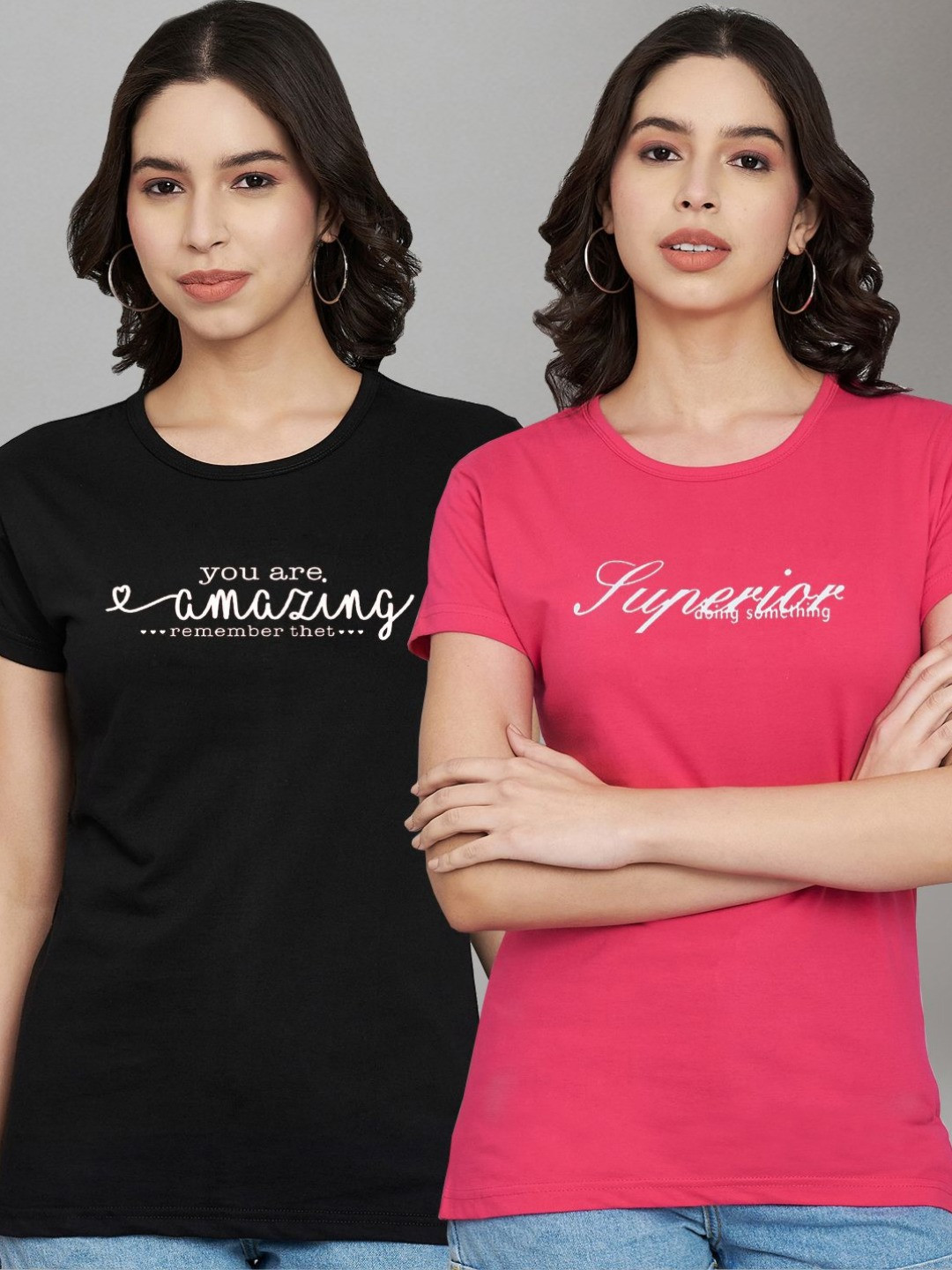 

Trend Level Women Pack Of 2 Geometric Printed Round Neck Cotton T-shirts, Black