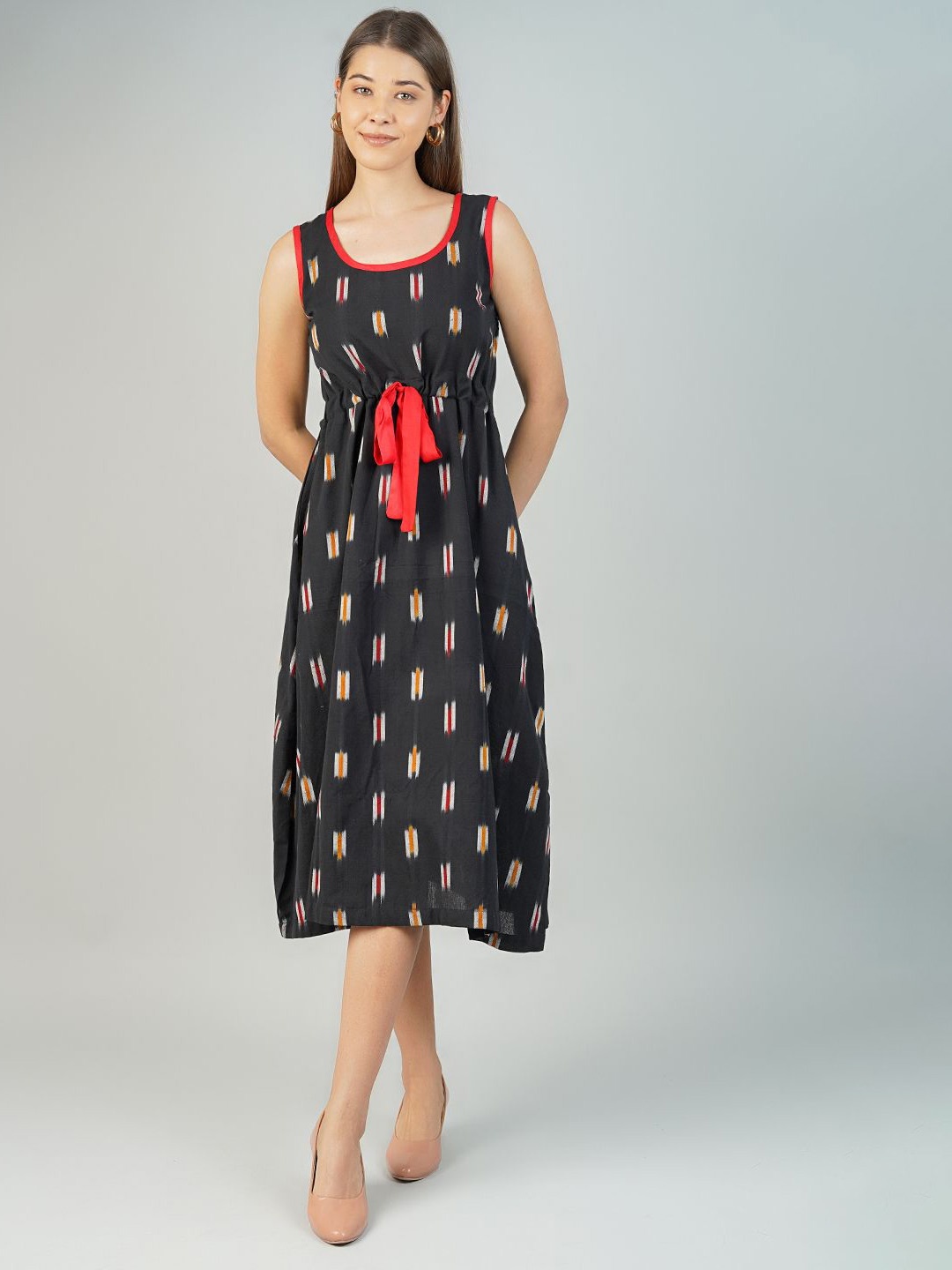 

INDOPHILIA Printed Sleeveless Cotton A-Line Midi Dress with Tie-Ups Detail, Black
