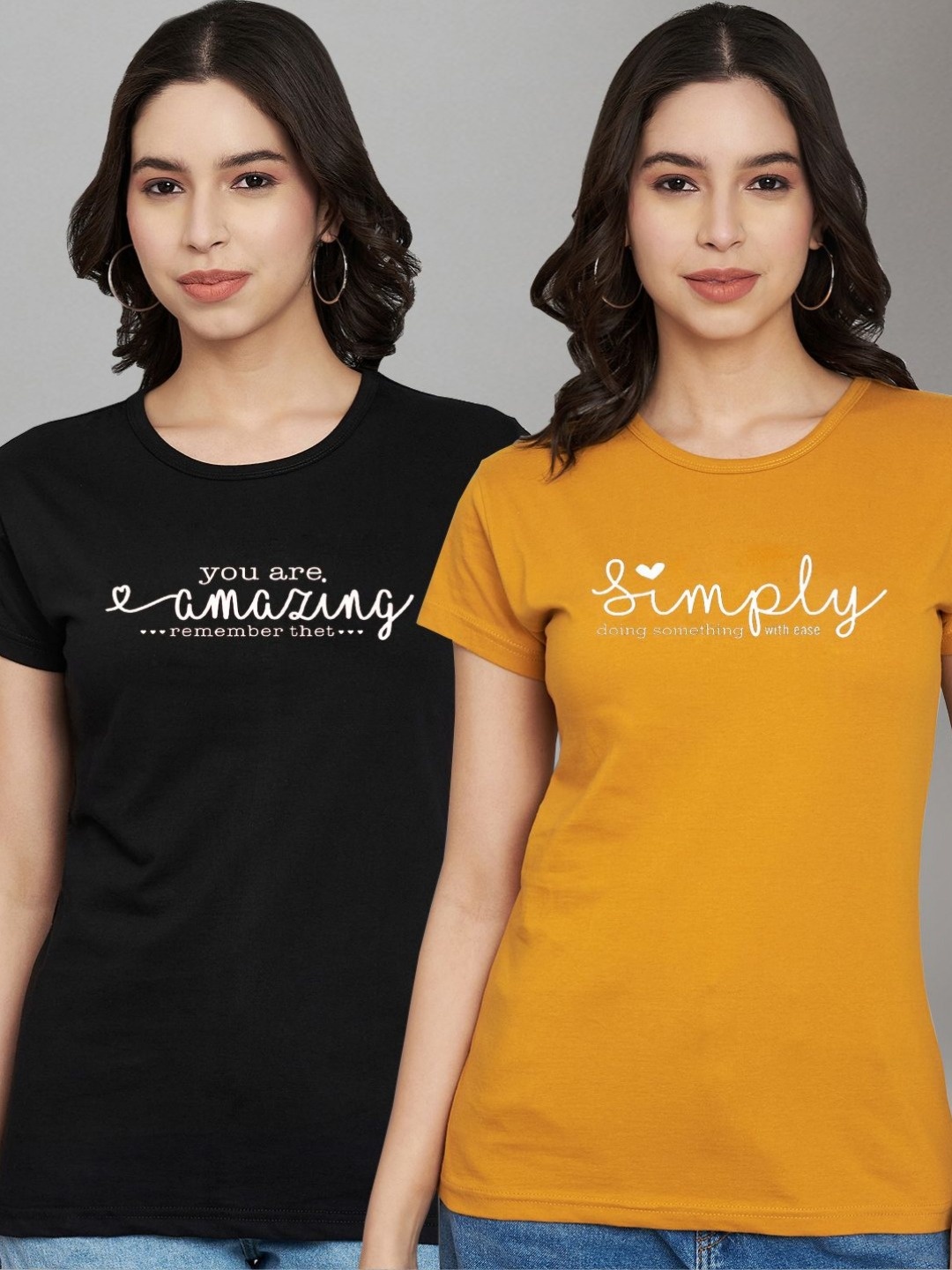 

Trend Level Women Pack Of 2 Geometric Printed Round Neck Cotton T-shirts, Black