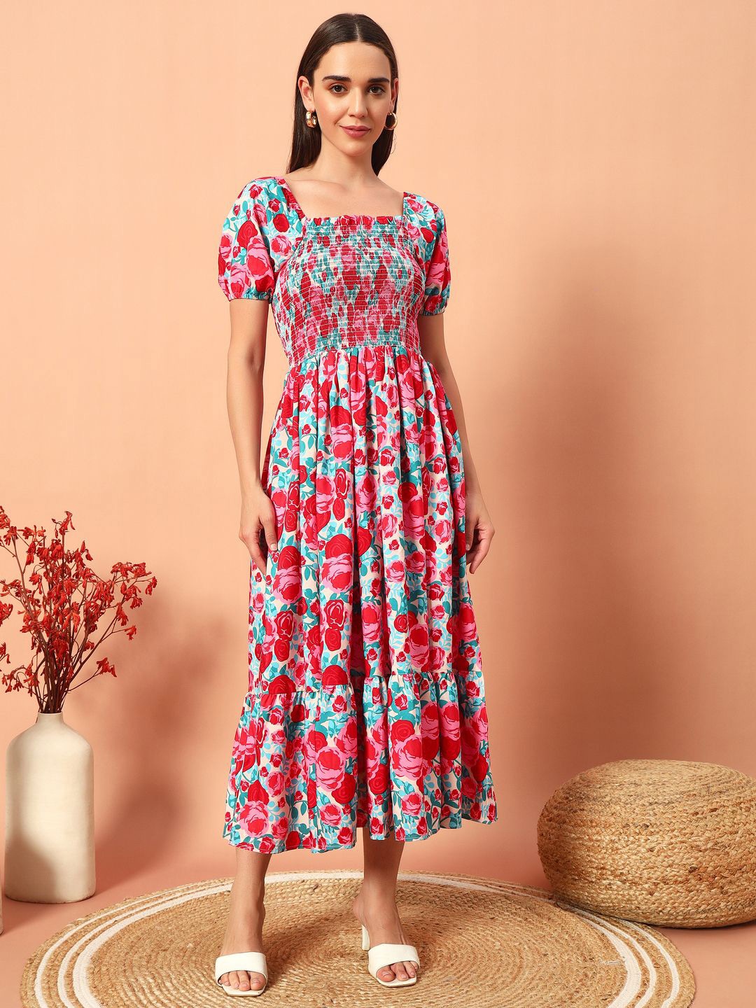 

OTABU Floral Printed Puff Sleeve Smocked A-Line Midi Dress, Pink