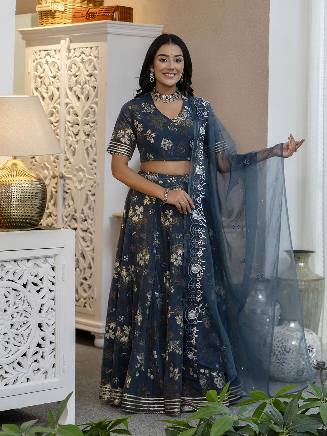 

KALINI Printed Ready to Wear Lehenga & Blouse With Dupatta, Blue