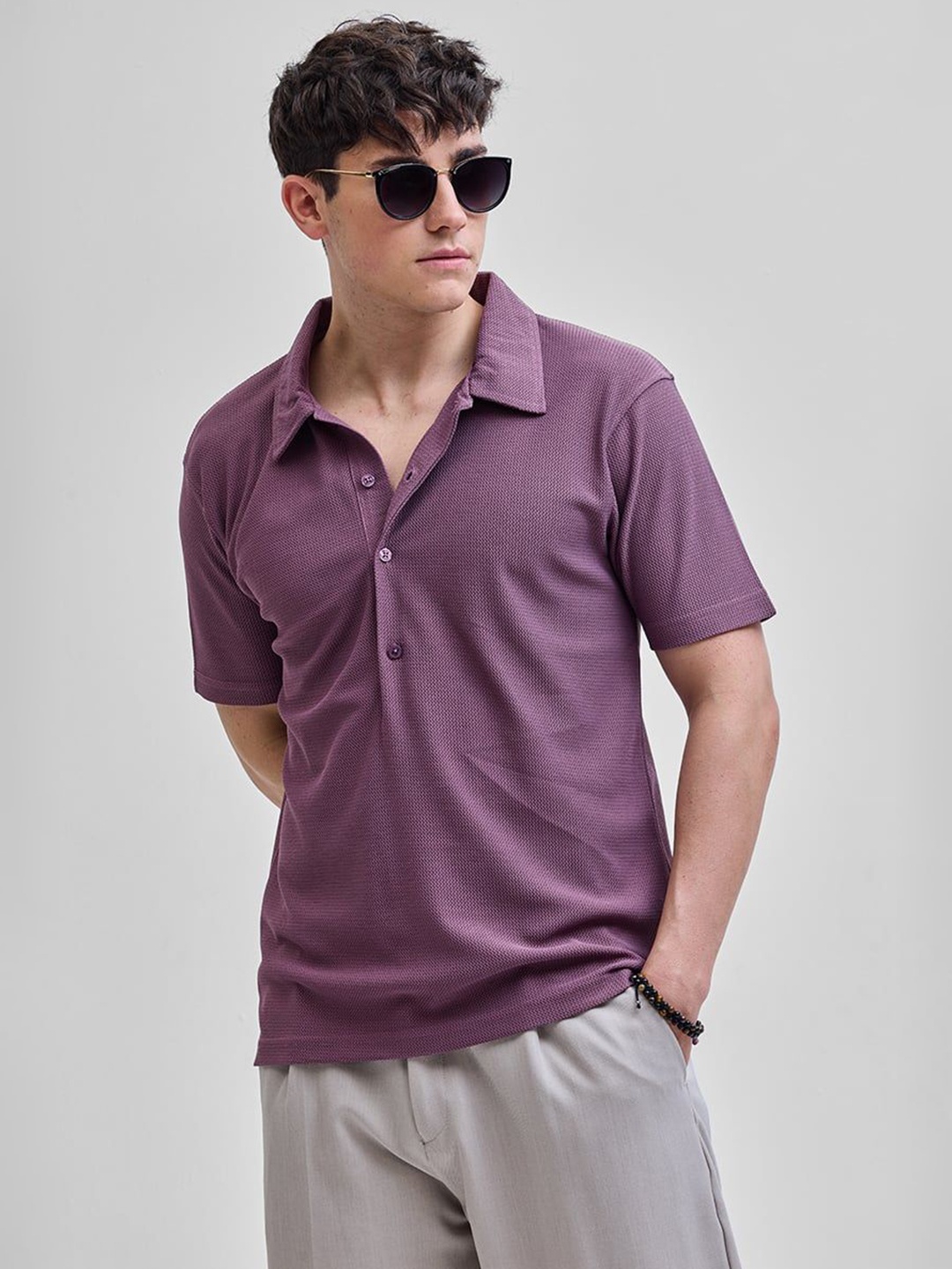 

Snitch Men Self Design Polo Collar Slim Fit T-shirt, Purple