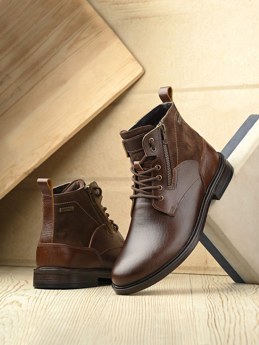 

MONDAIN Men Leather Block Heel Desert Boots, Brown
