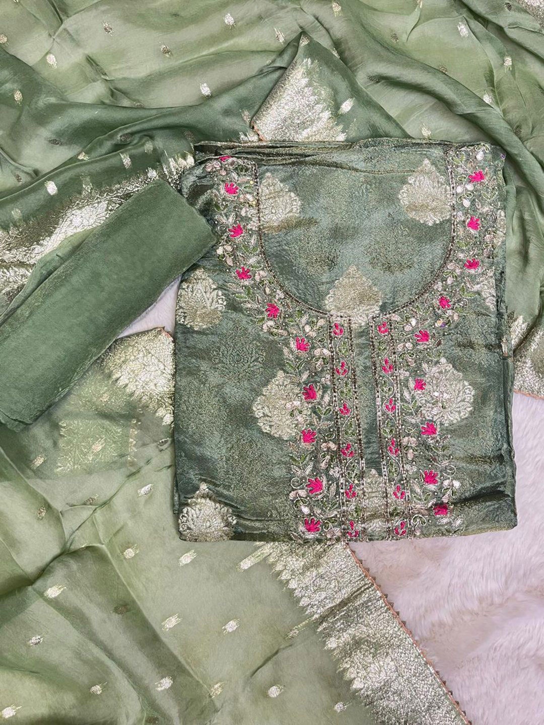

ROOPKALA Embellished Organza Unstitched Dress Material, Olive