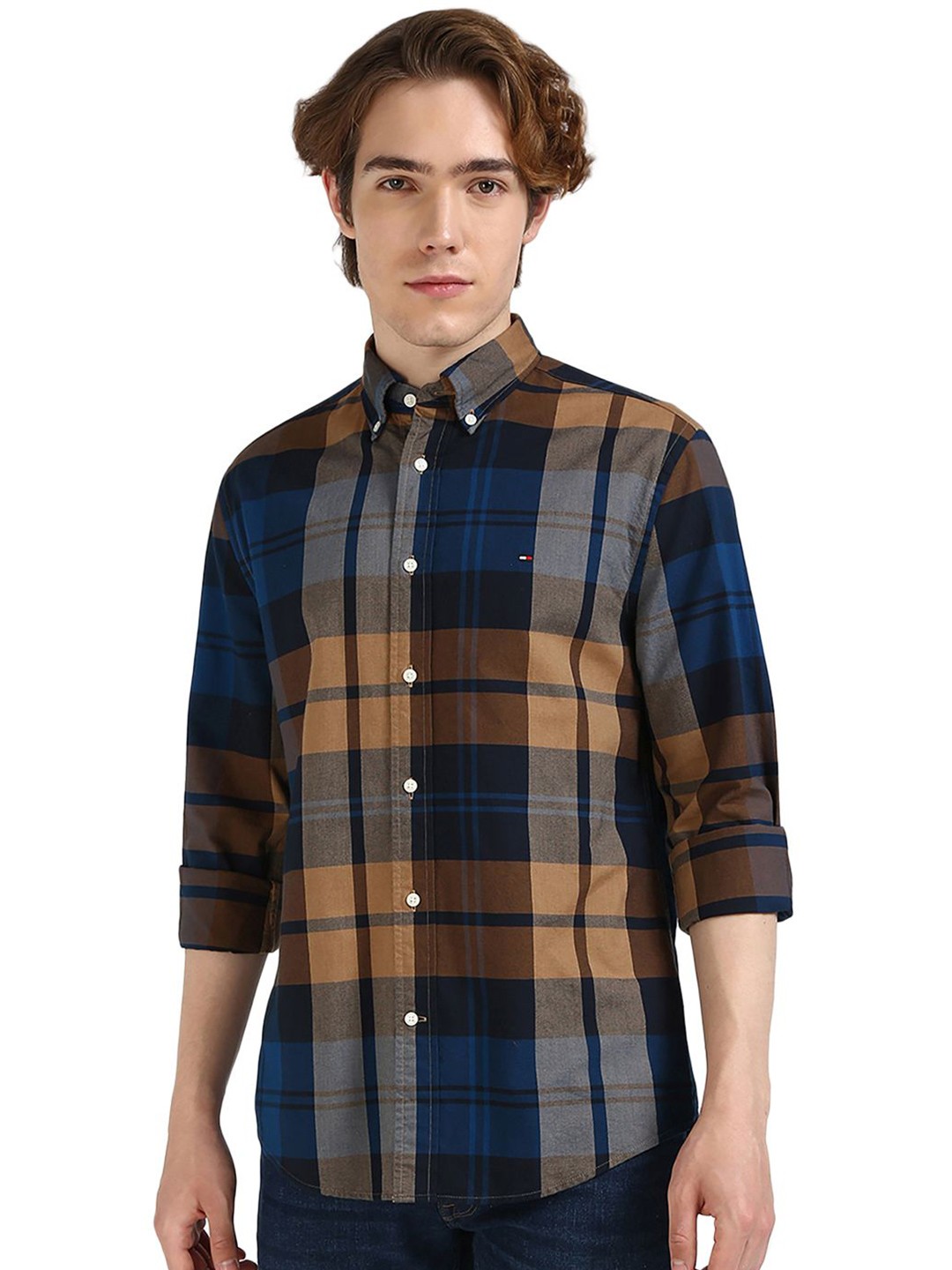 

Tommy Hilfiger Men Button-Down Collar Tartan Checked Cotton Casual Shirt, Navy blue