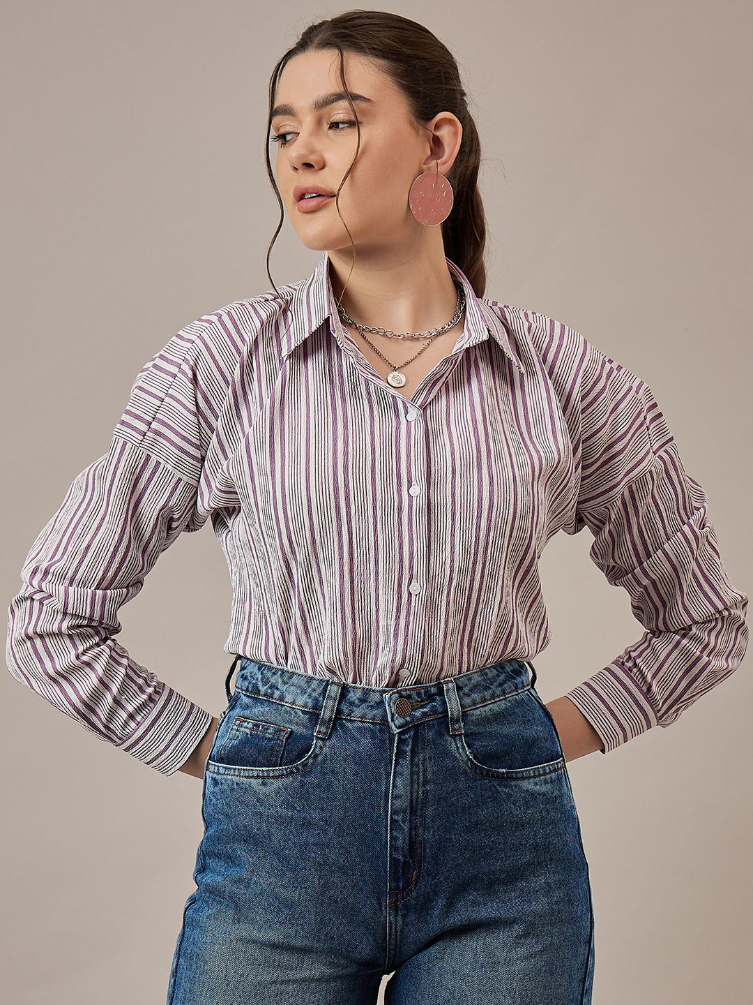 

The Roadster Lifestyle Co. Women Candy Stripes Printed Crepe Relaxed Fit Casual Shirt, Purple