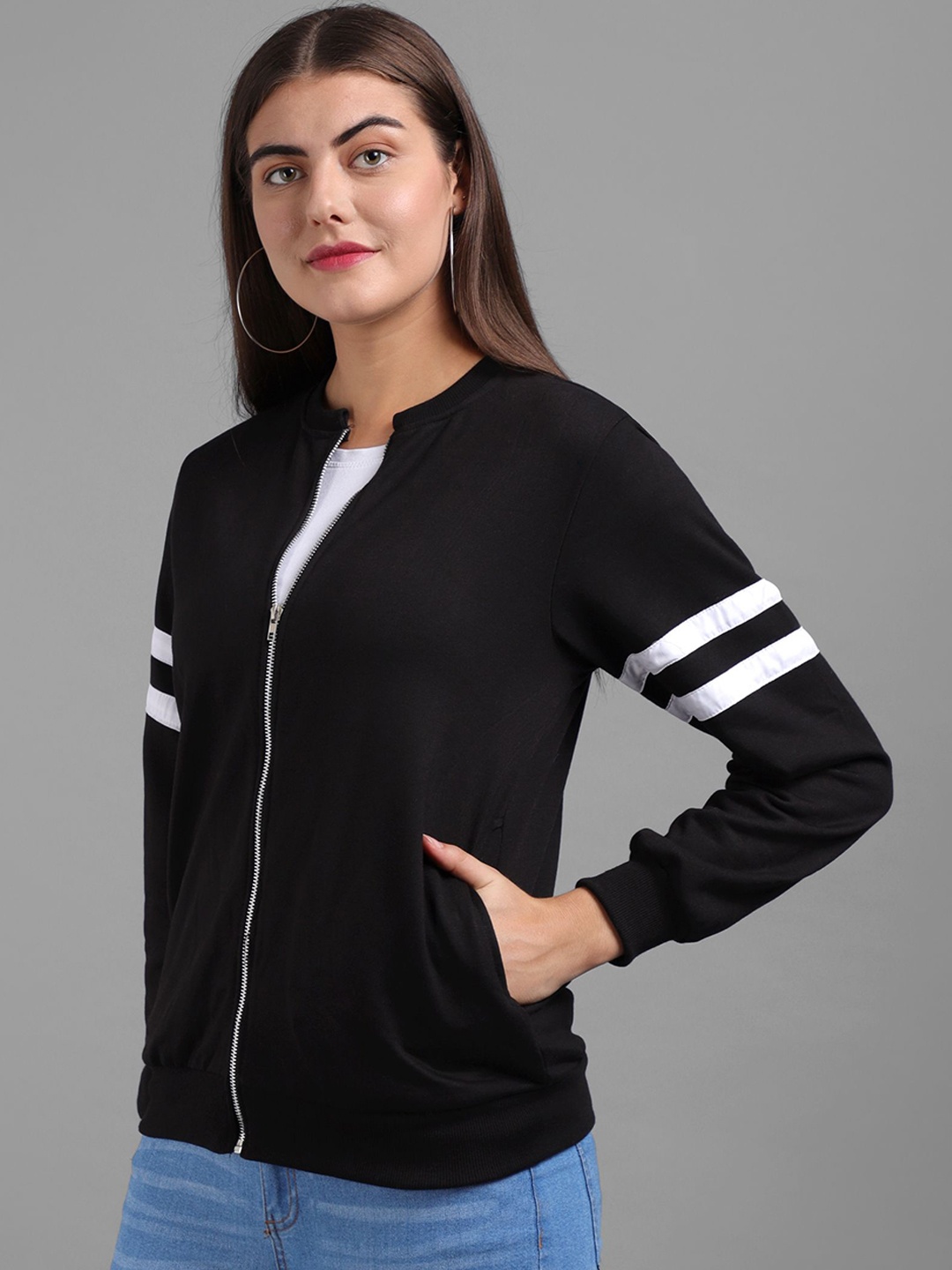 

VIVIENT Women Mandarin Collar Solid Fleece Casual Bomber Jacket, Black