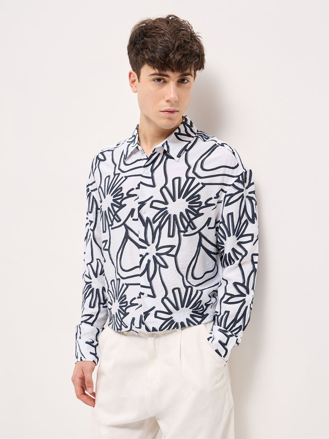 

THE BEAR HOUSE Men Spread Collar Abstract Printed Relaxed Fit Casual Shirt, White