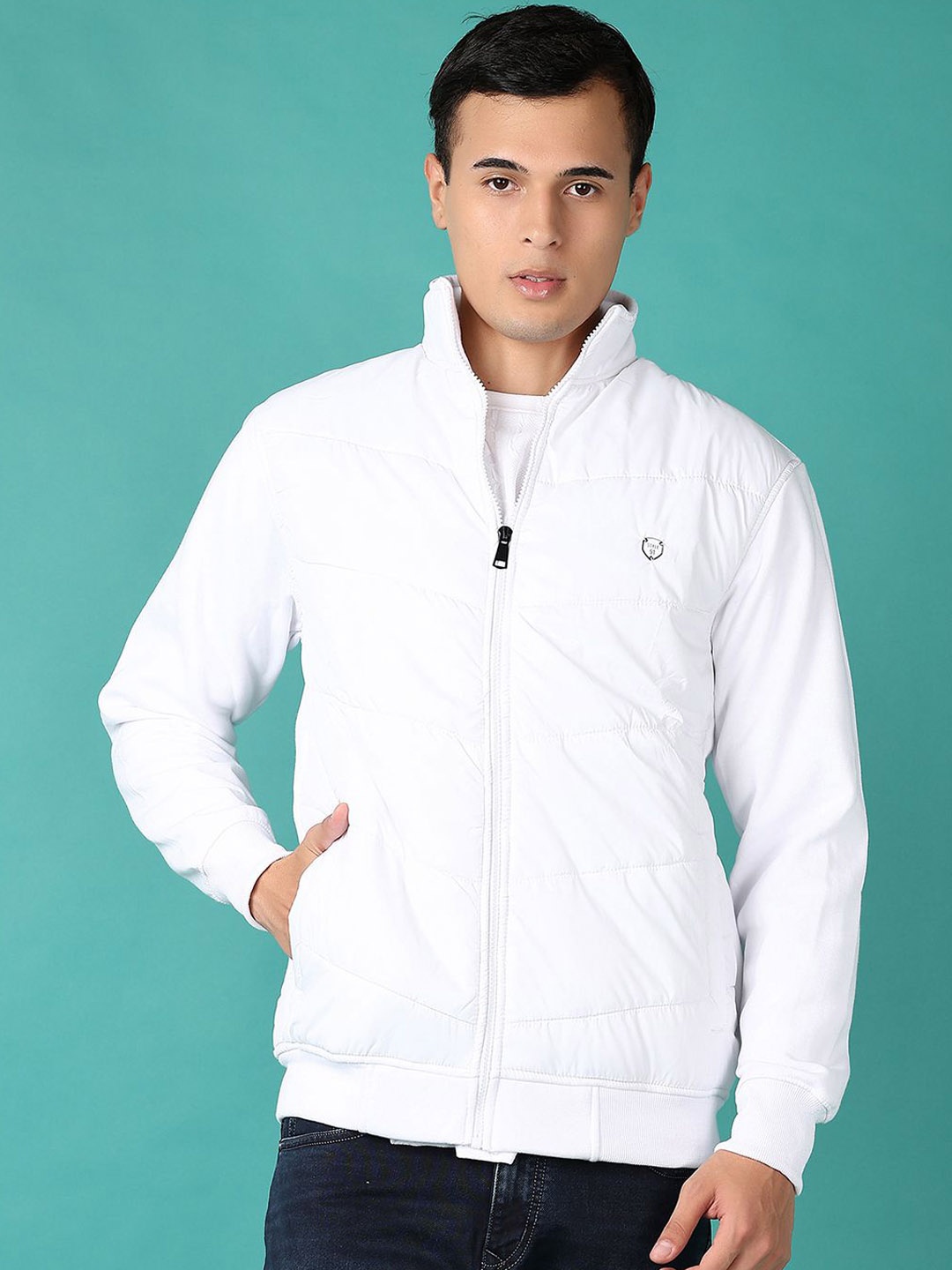 

V-Mart Men Mock Collar Solid Cotton Casual Bomber Jacket, White