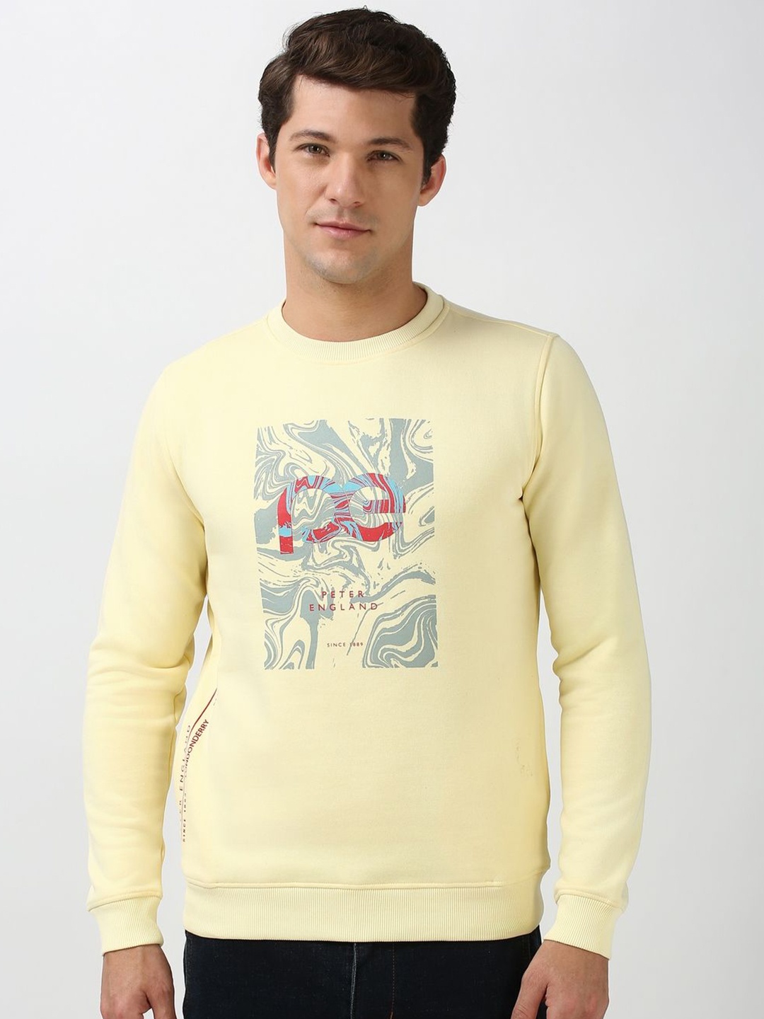 

Peter England Casuals Men Printed Round Neck Long Sleeves Pullover Sweatshirt, Yellow