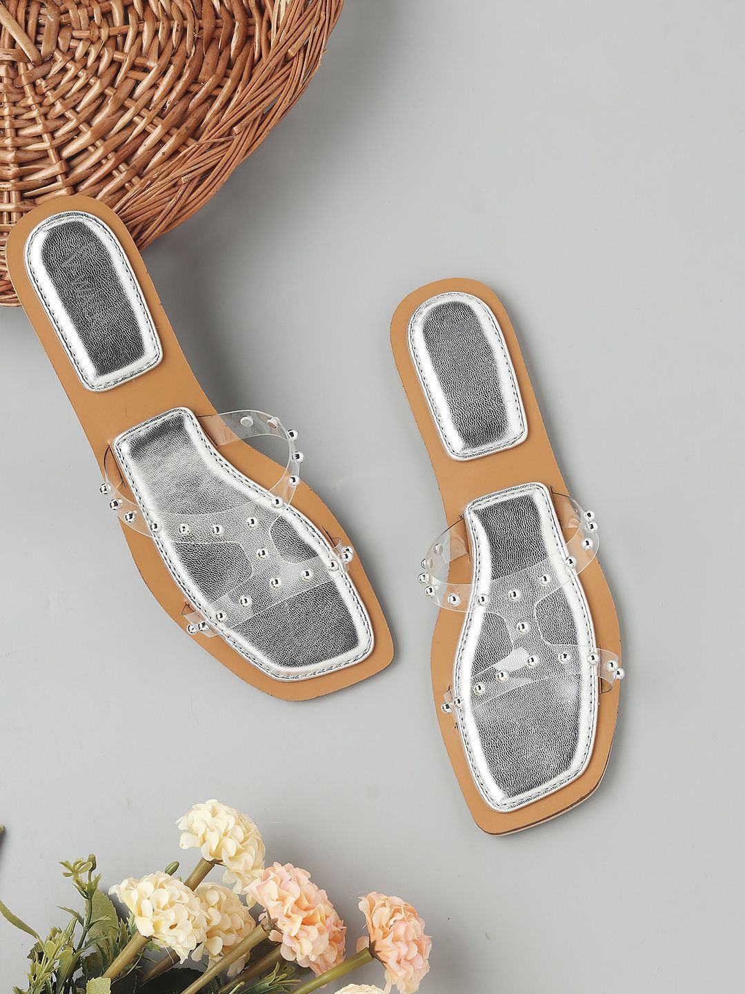 

V-WALK Women Embellished Slip-On Open Toe Flats, Silver
