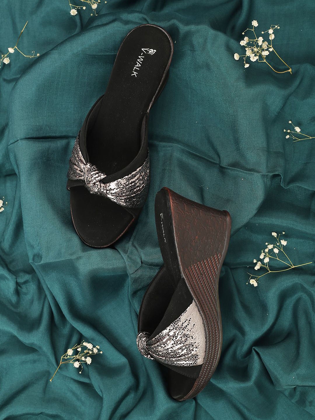 

V-WALK Women Embellished Open Toe Party Wedge Sandals, Silver