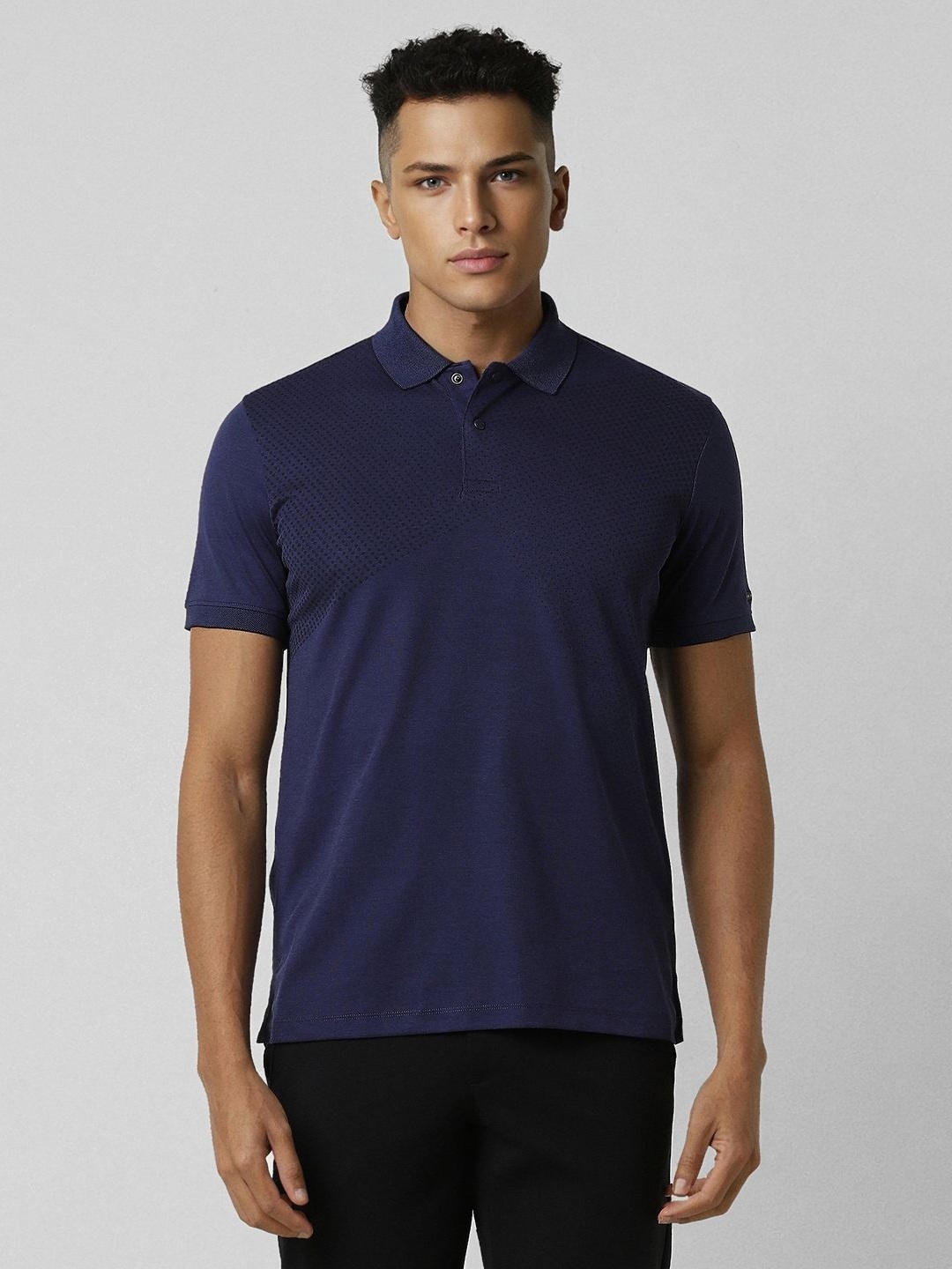 

Van Heusen Flex Men Geometric Printed Polo Collar Sports Cotton T-shirt, Navy blue