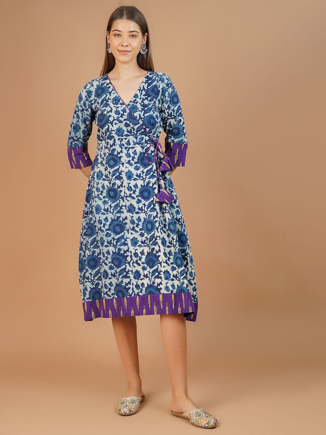 

INDOPHILIA Ethnic Motifs Cotton Midi Dress, Blue