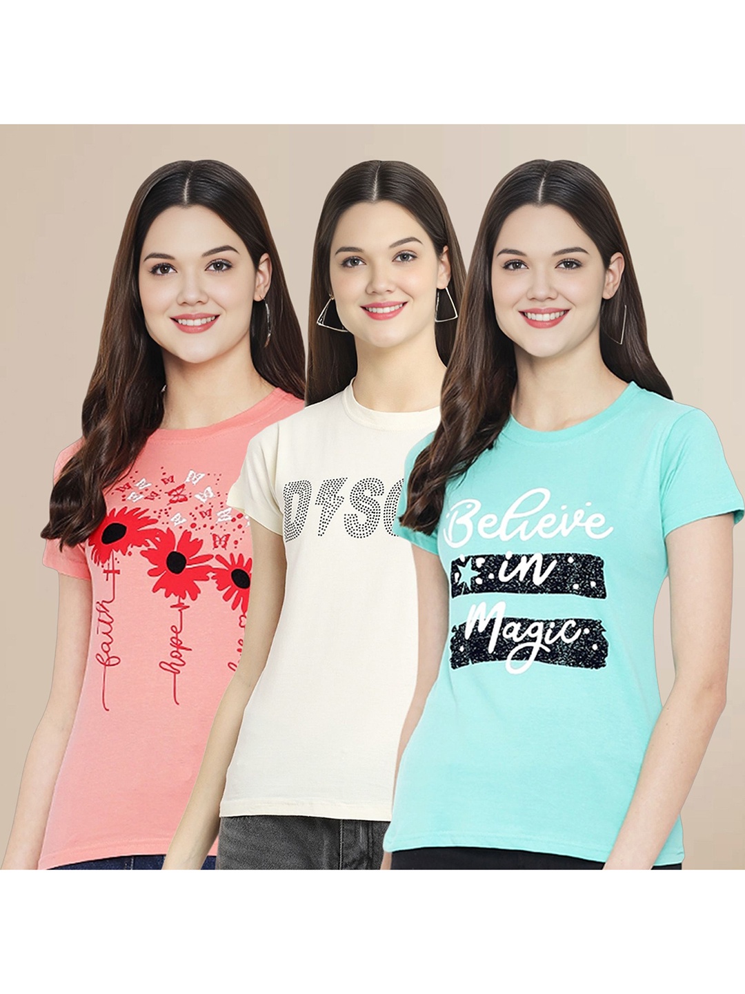 

Metronaut Women Pack Of 3 Typography Printed Round Neck Cotton T-shirts, Turquoise blue