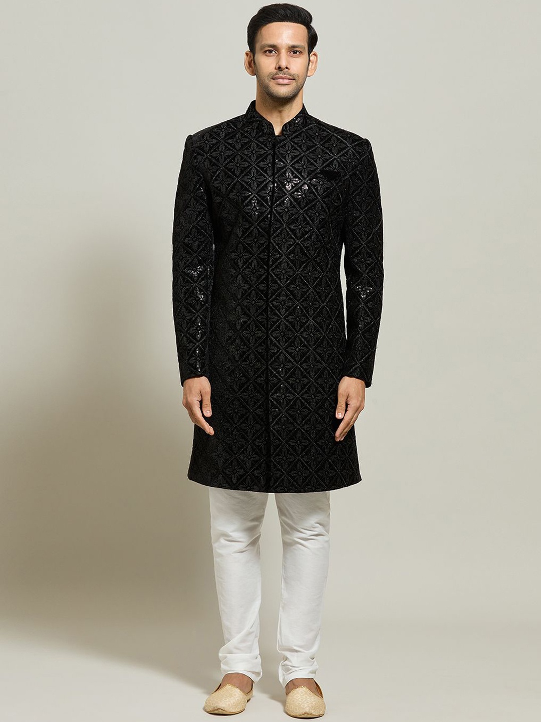 

Aryavir Malhotra Men Embroidered Mandarin Collar Sherwani Set, Black