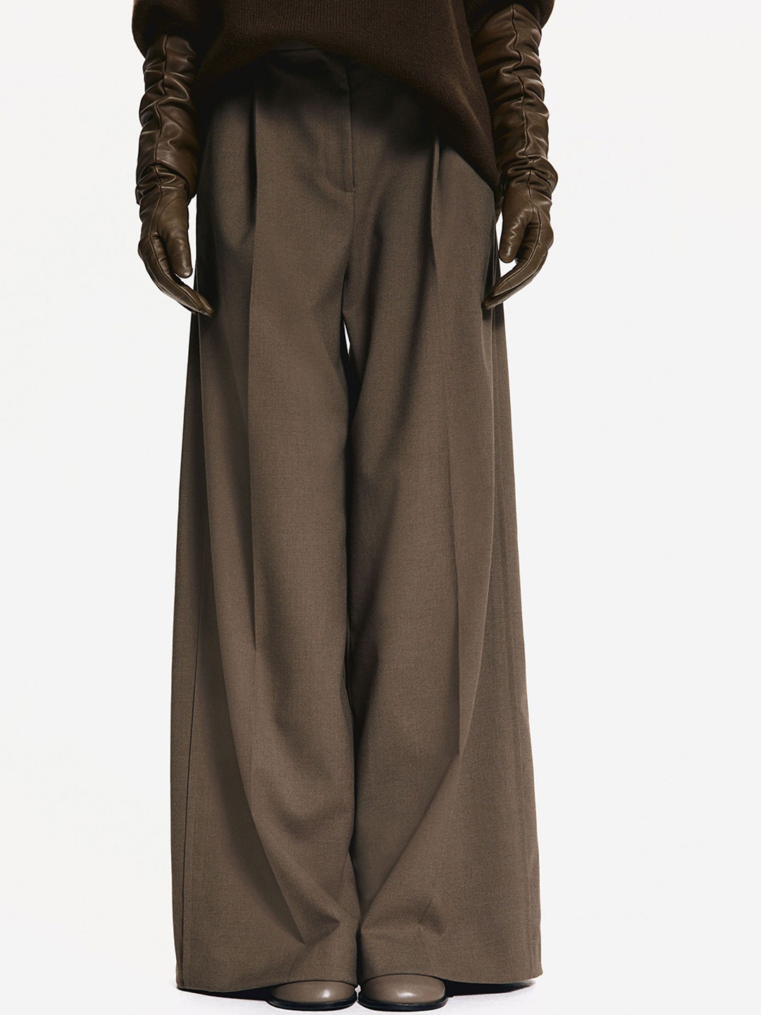

H&M Wide Twill Trousers, Brown